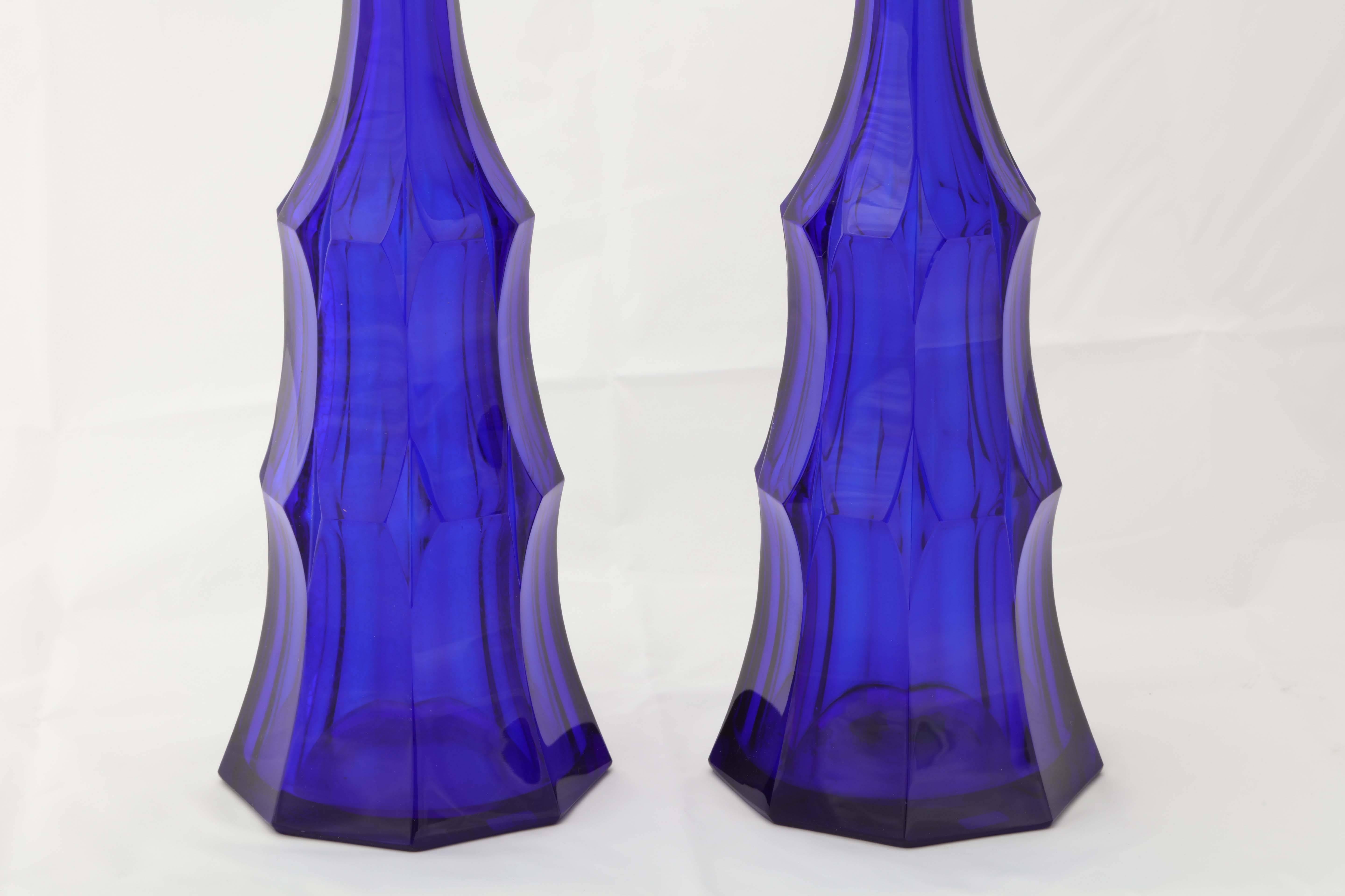 Bohemian Pair of Cobalt Blue Wheel Carved Moser Decanters, circa 1918 For Sale