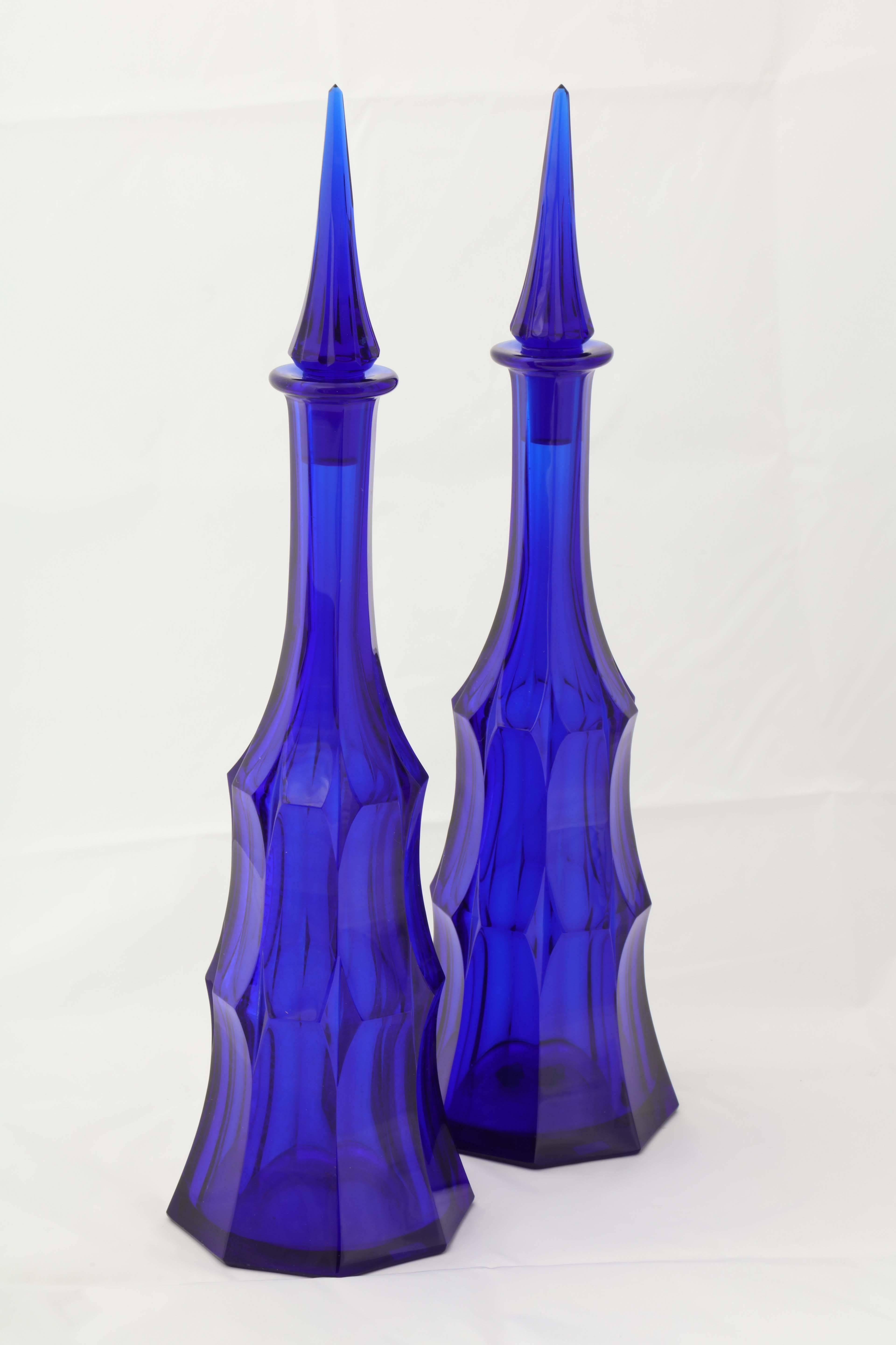 Czech Pair of Cobalt Blue Wheel Carved Moser Decanters, circa 1918 For Sale