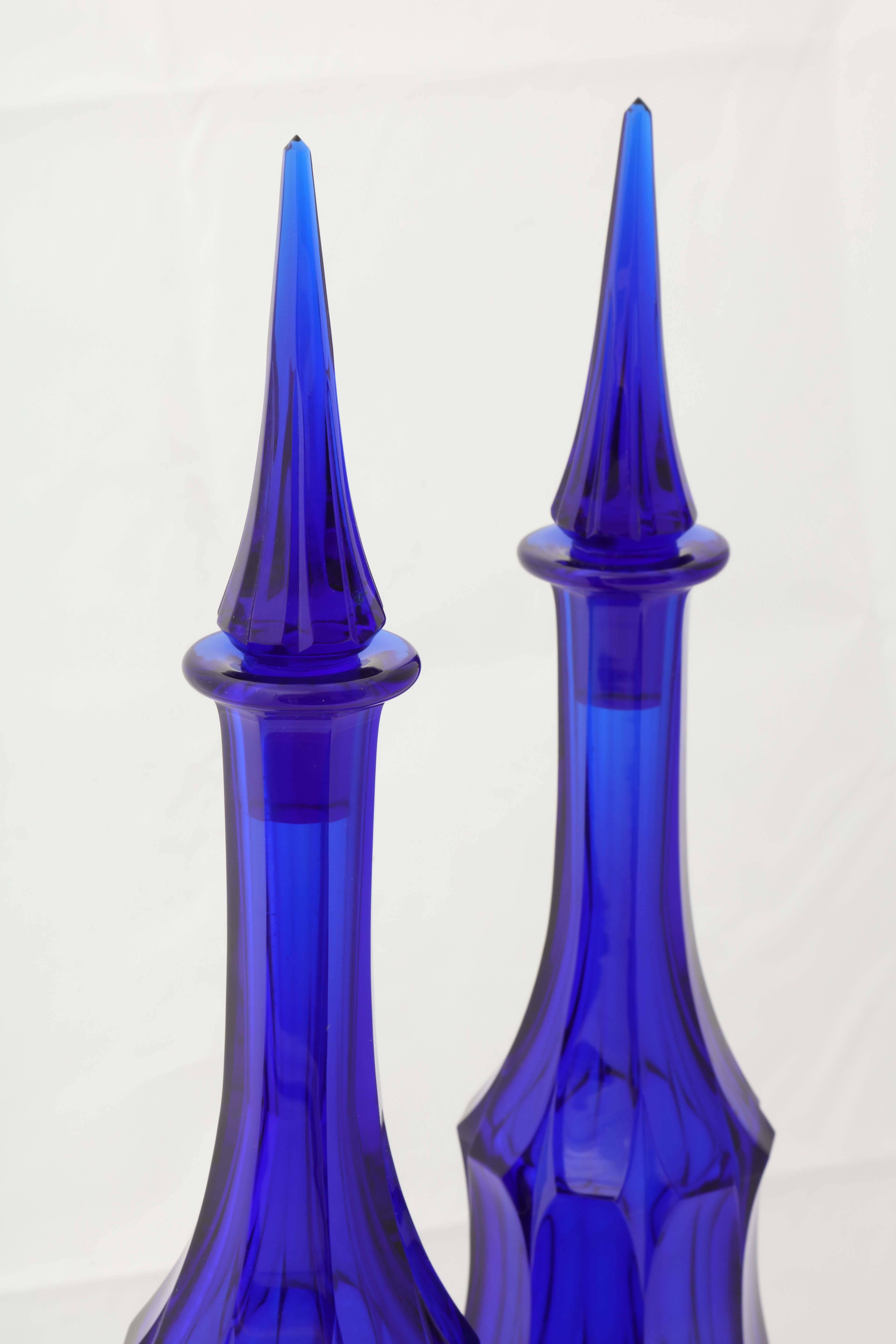 Pair of Cobalt Blue Wheel Carved Moser Decanters, circa 1918 In Excellent Condition For Sale In New York, NY