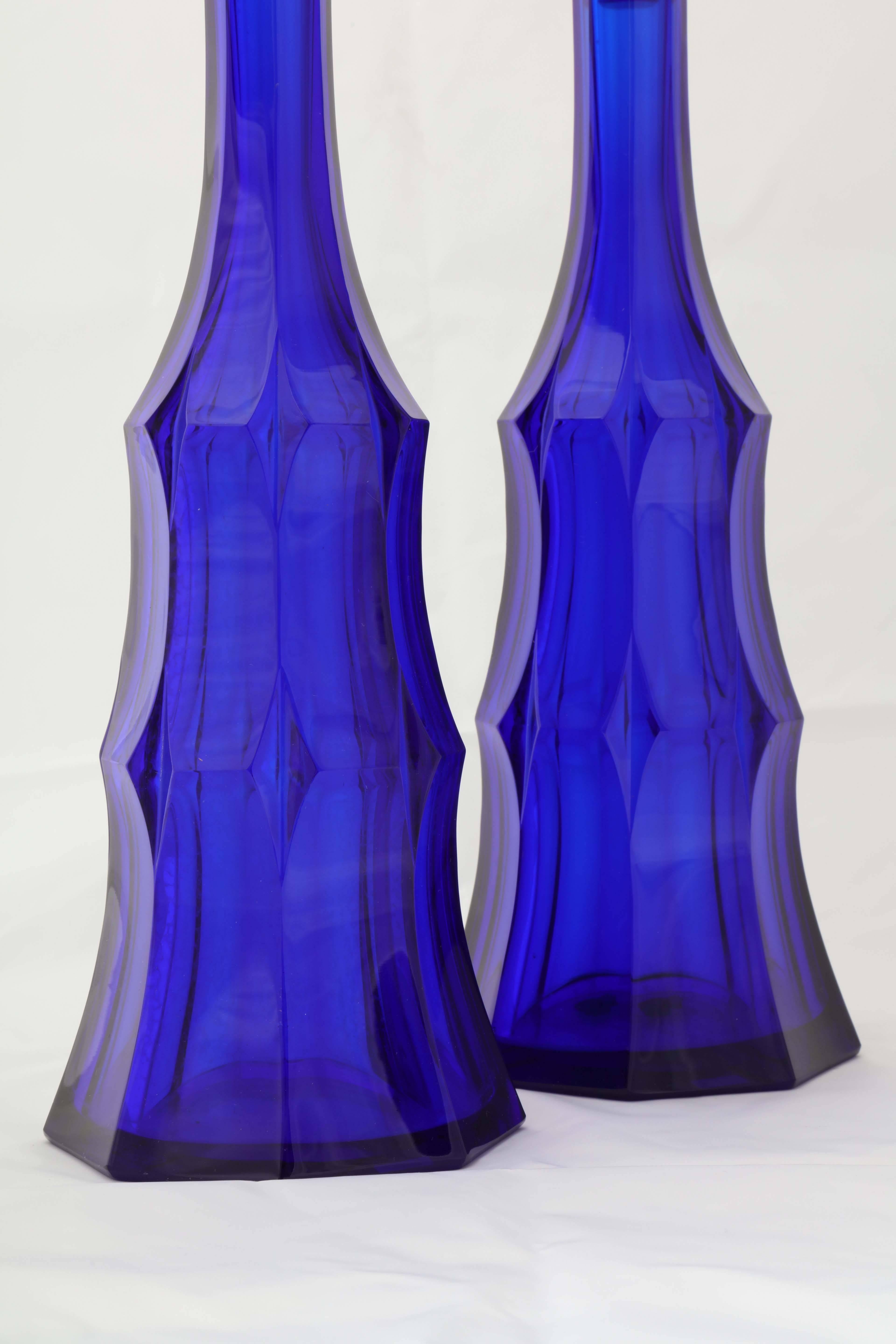 Early 20th Century Pair of Cobalt Blue Wheel Carved Moser Decanters, circa 1918 For Sale