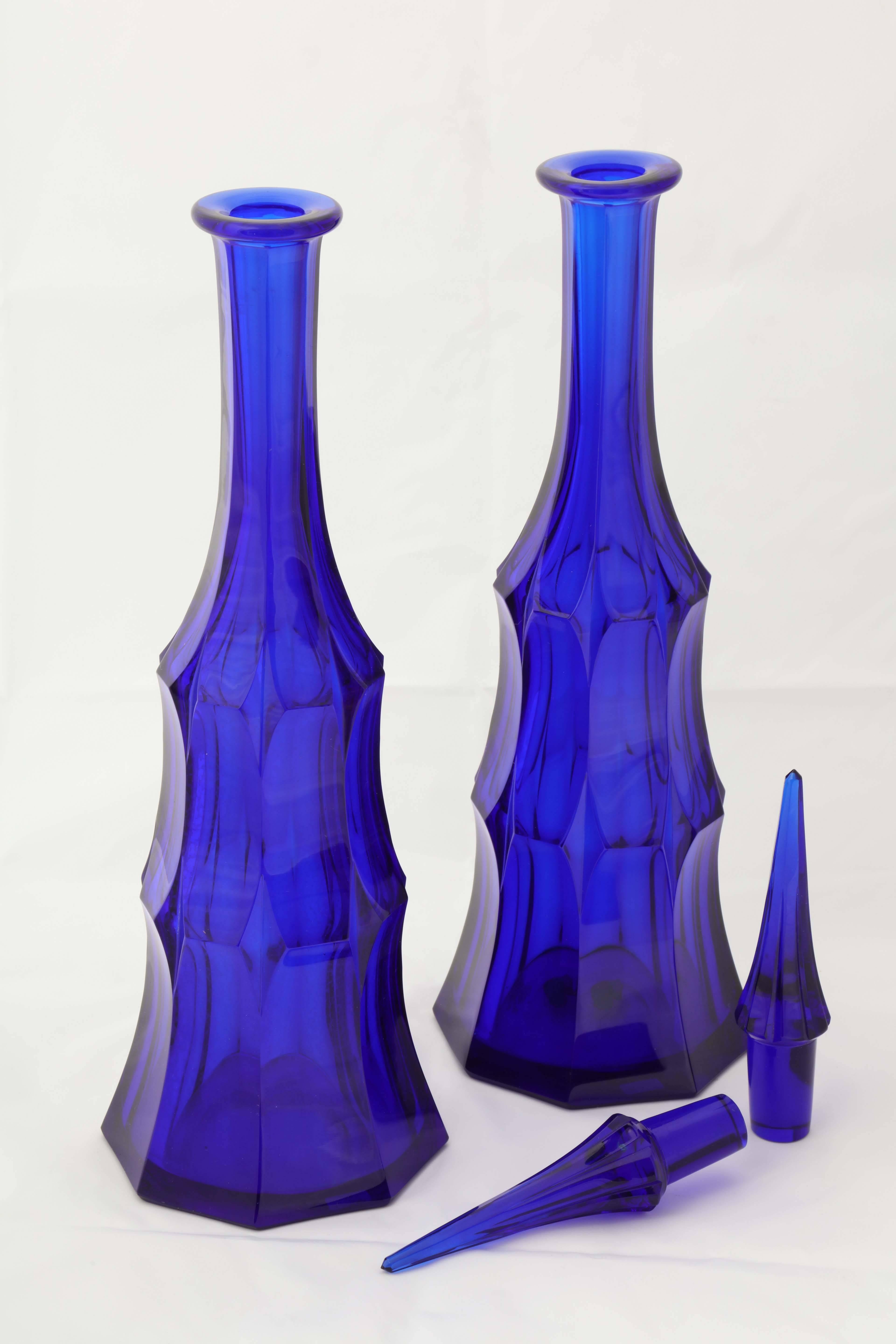 Glass Pair of Cobalt Blue Wheel Carved Moser Decanters, circa 1918 For Sale