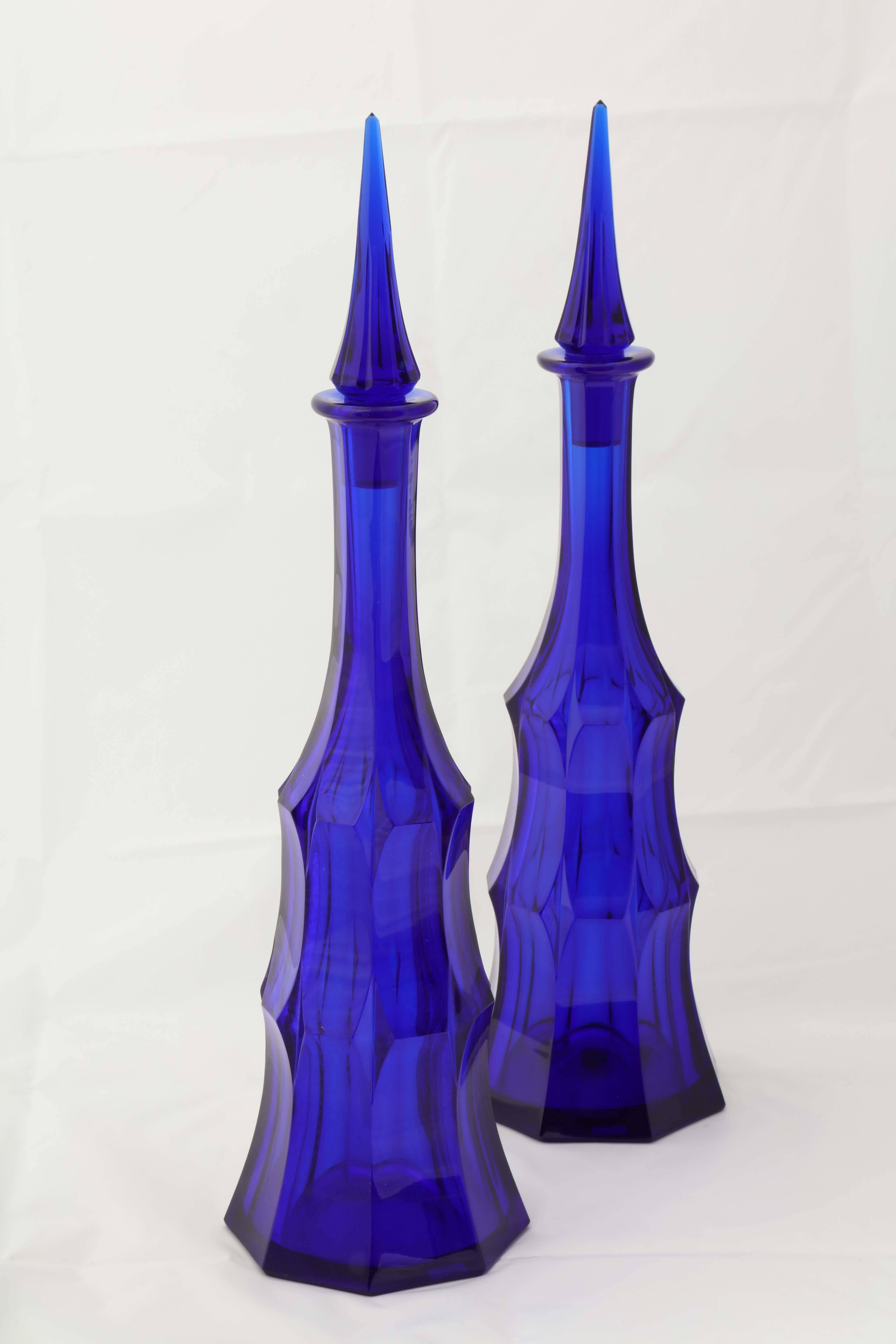 Pair of Cobalt Blue Wheel Carved Moser Decanters, circa 1918 For Sale 1