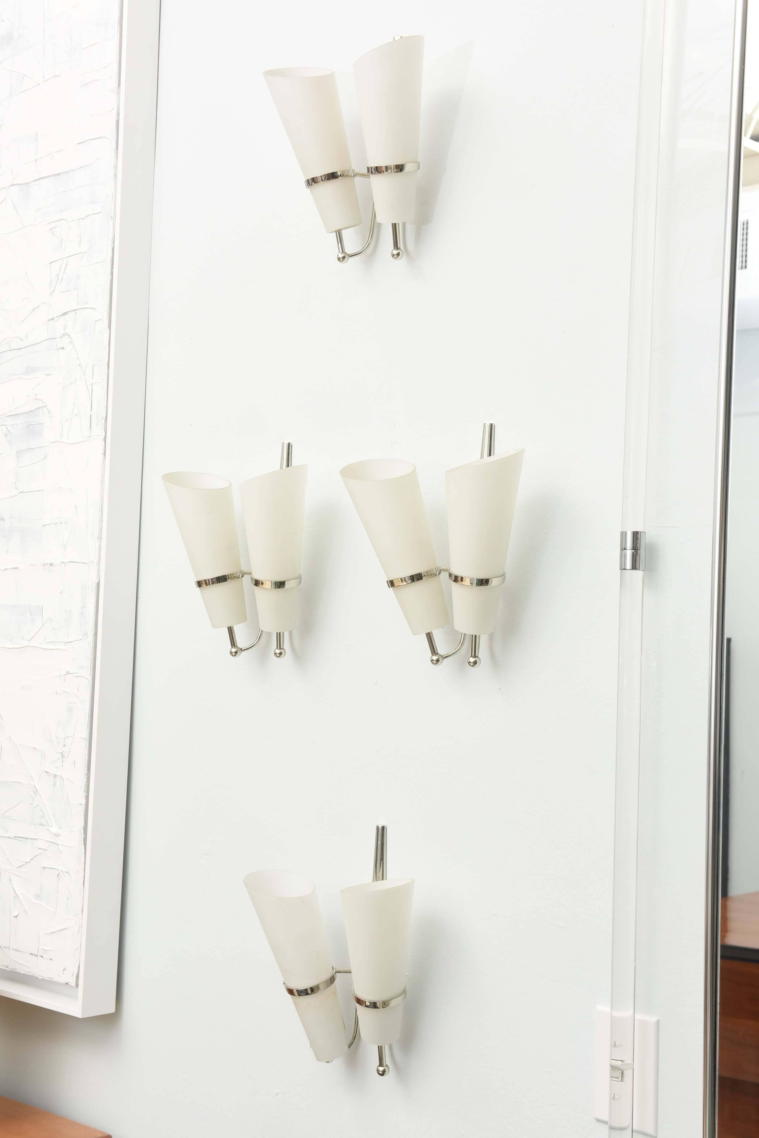 Set of four Italian Modern Nickel and Glass Wall Lights, Attributed to Stilnovo 2