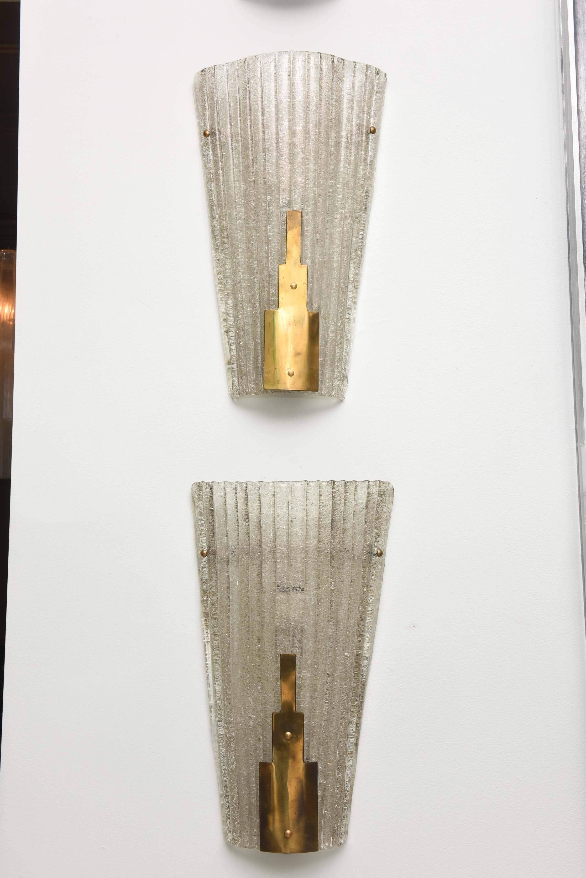 Italian modern wall lights with handblown glass and bronze detailing, impressed mark Barovier e Toso on bronze.