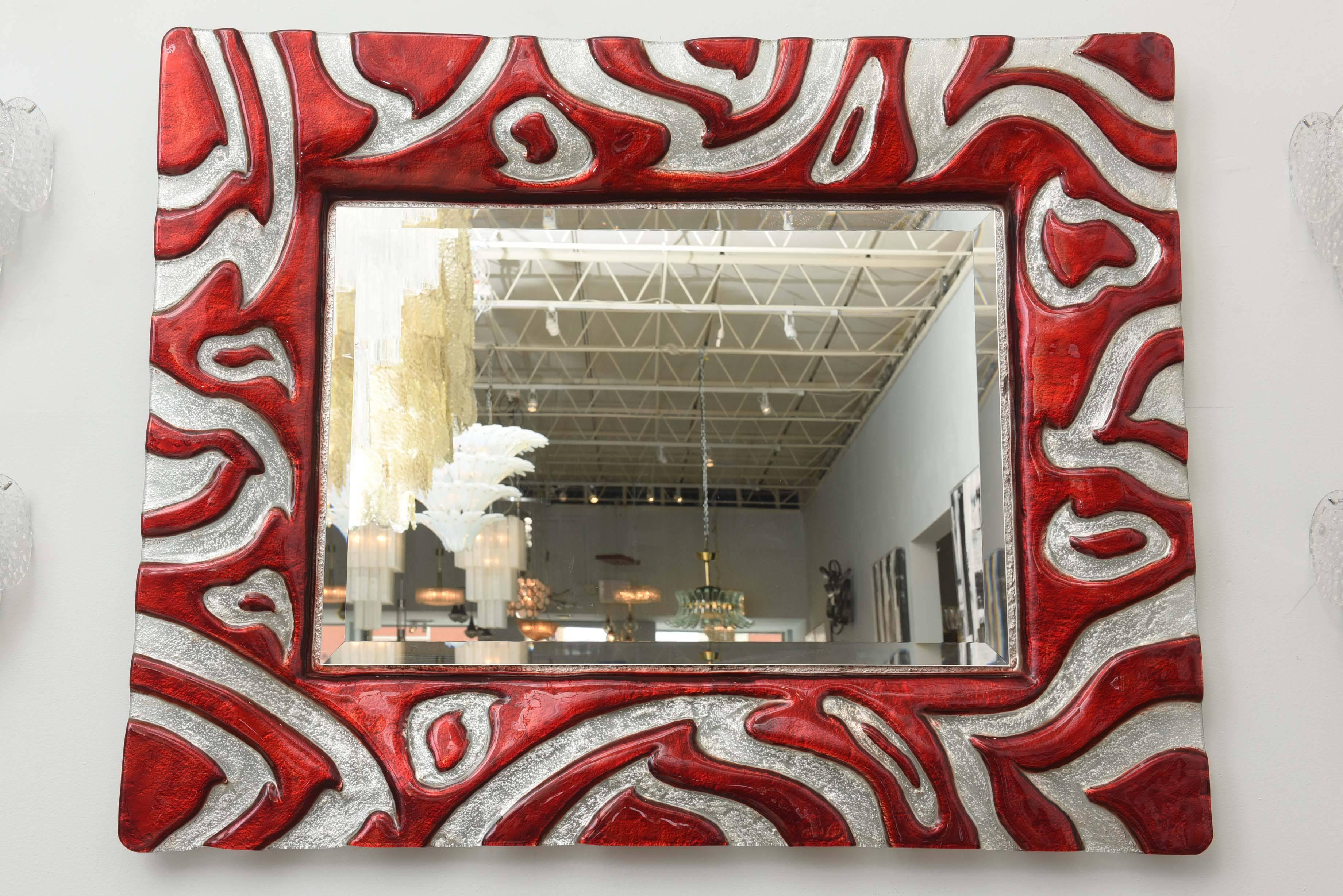 Italian Modern Red and Clear Glass Mirror, Murano For Sale 2