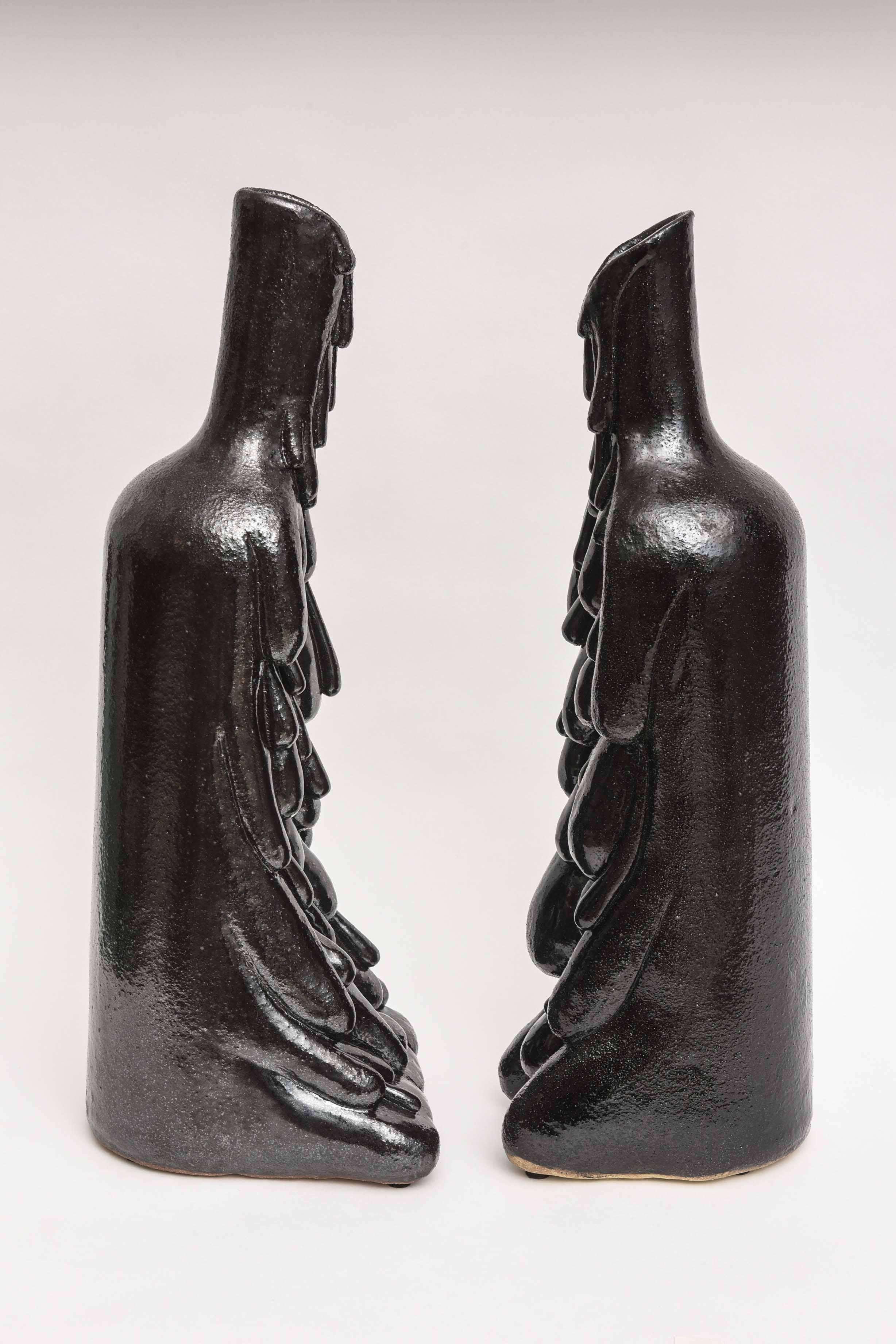 Large black glaze pair of ceramic vases/ sculptures by California artist/ceramicist Daric Harvie, can be sold separately.