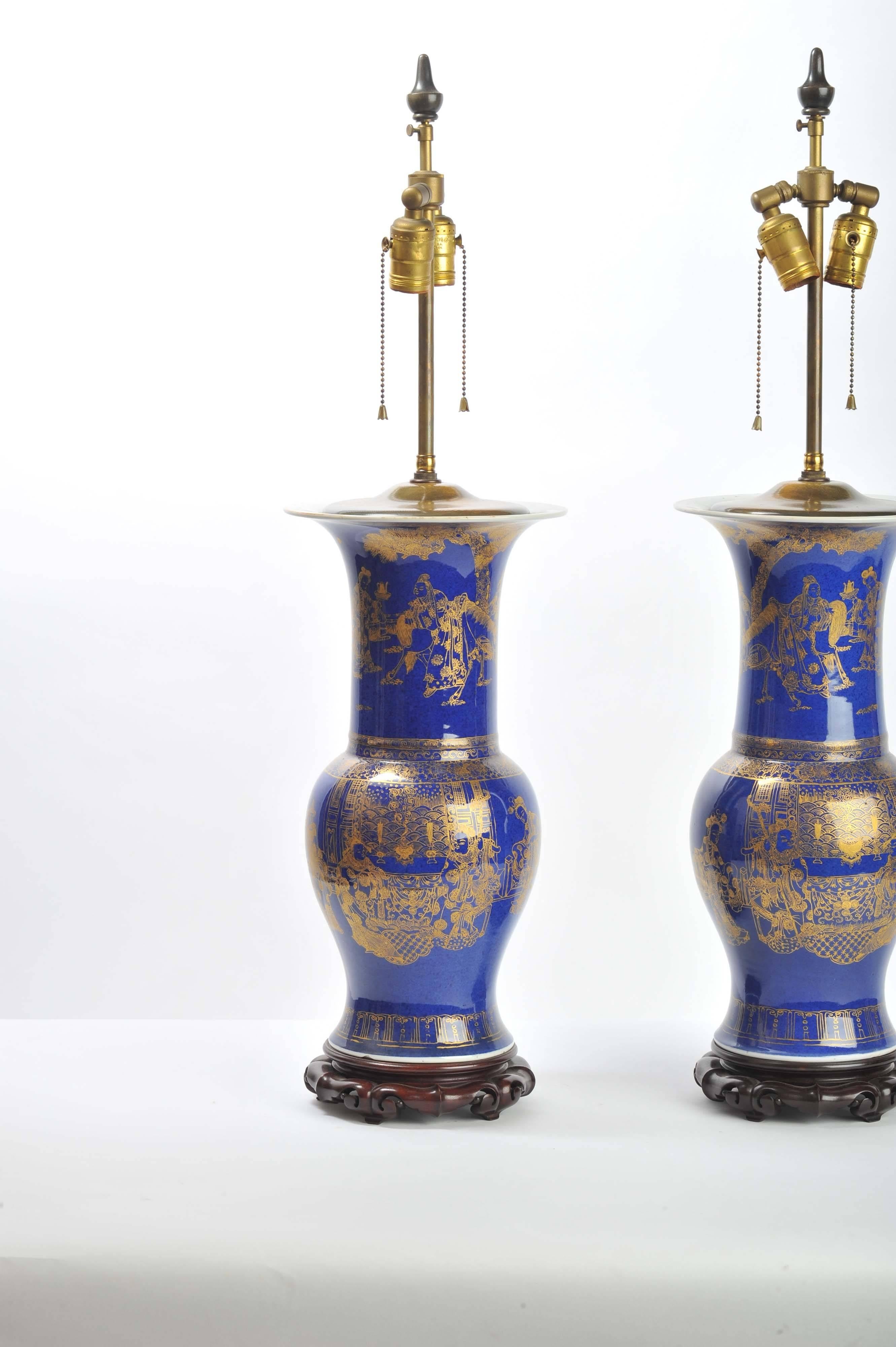 Hand-Painted 19th Century Chinese Powder Blue Vases or Lamps