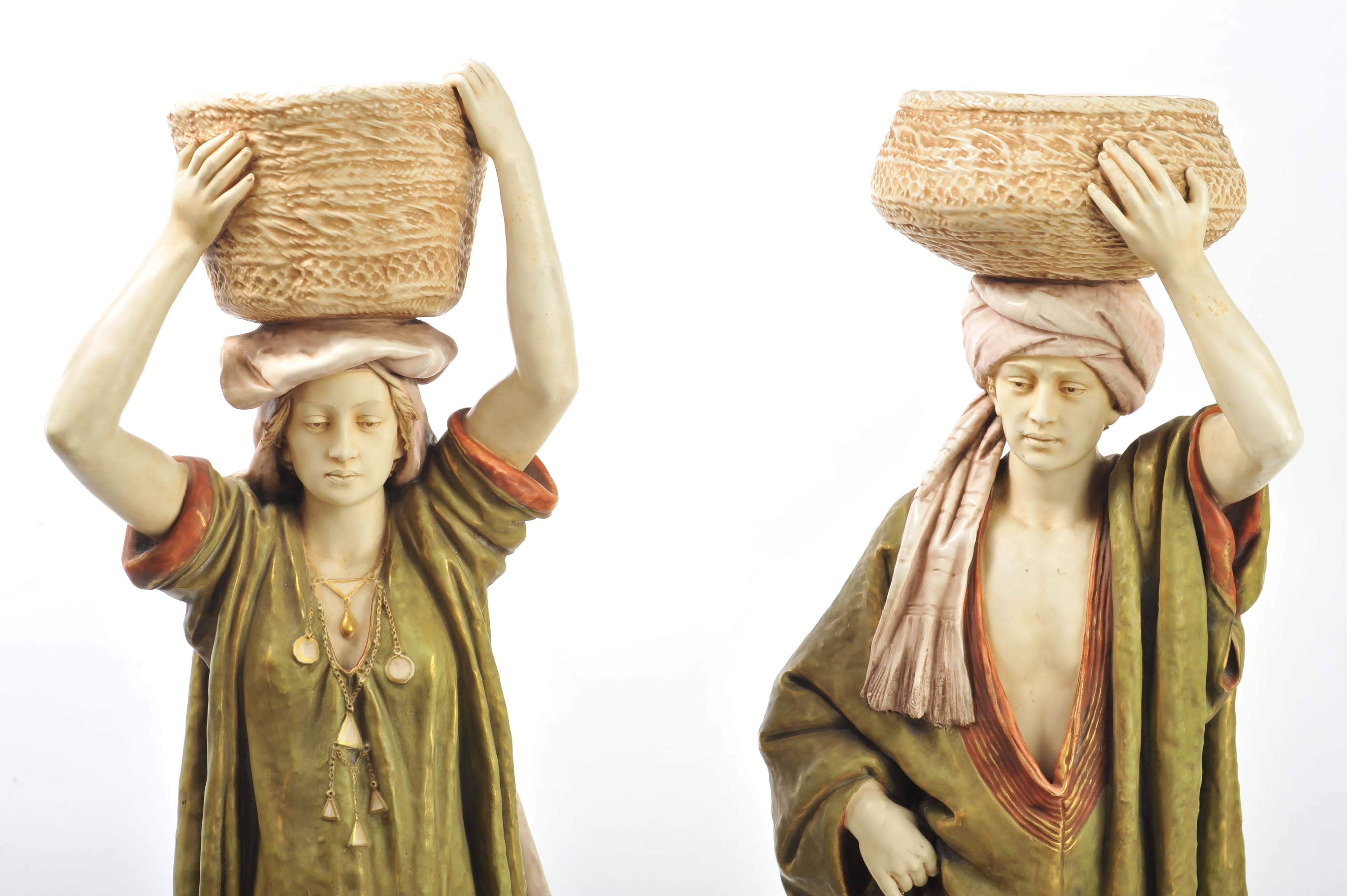 Neoclassical Pair of Large Royal Dux Water Carriers For Sale