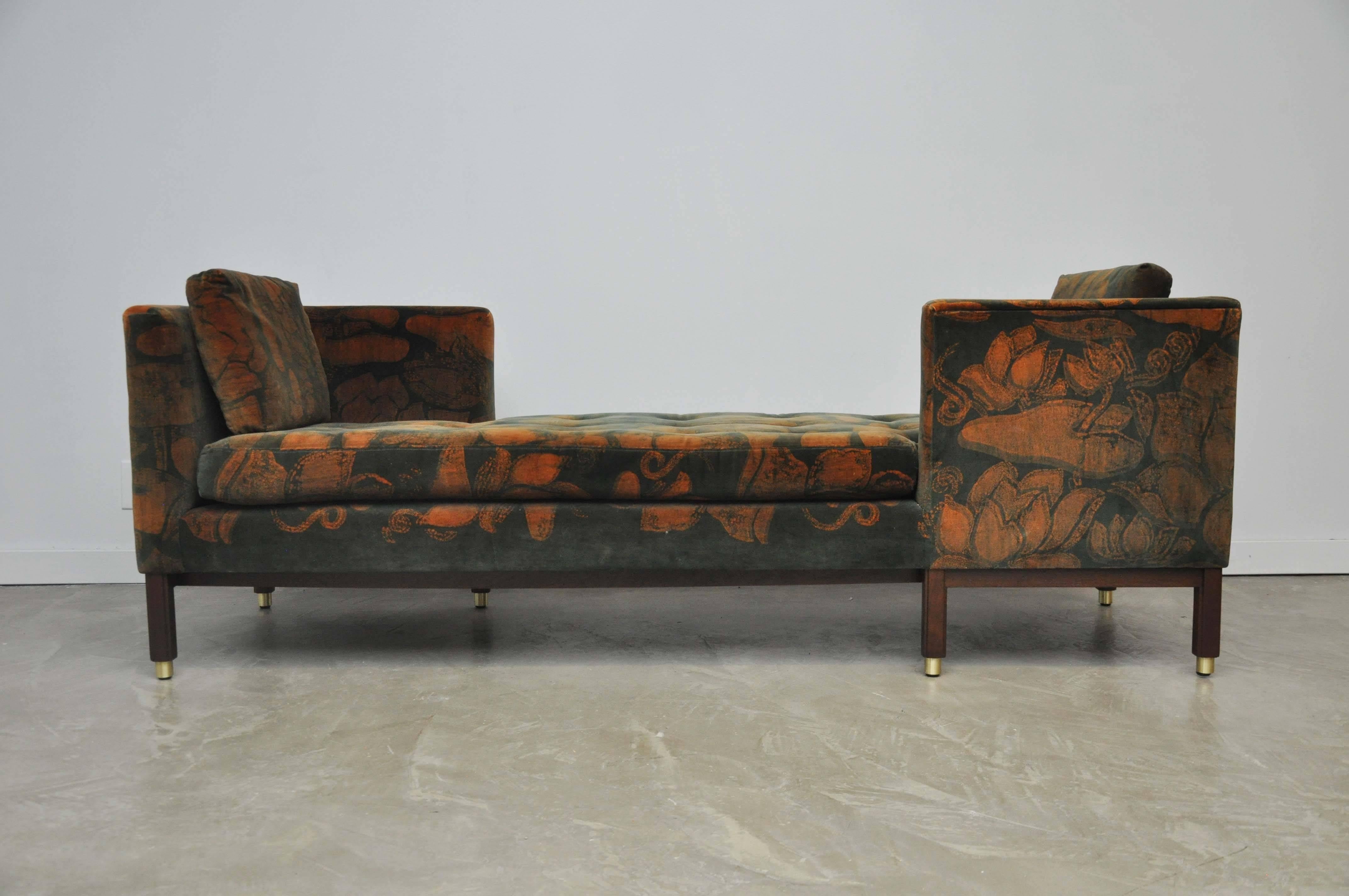 Pair of Dunbar Tete-a-tete sofas by Edward Wormley. Model 5944. Original Jack Lenor Larsen printed velvet over refinished espresso tone bases with brass details.