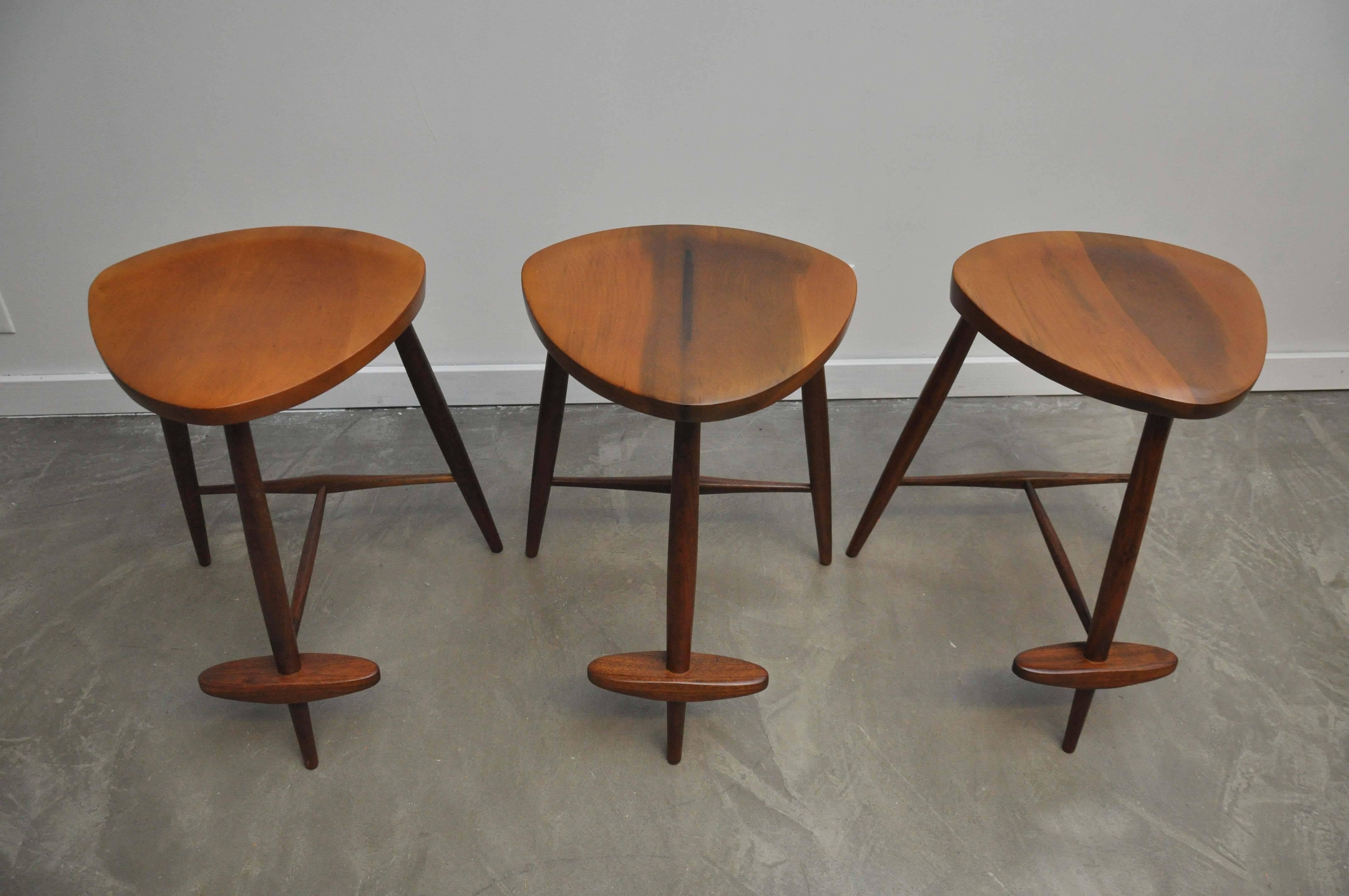 Set of three Mira counter stools by George Nakashima. Early set circa 1960.