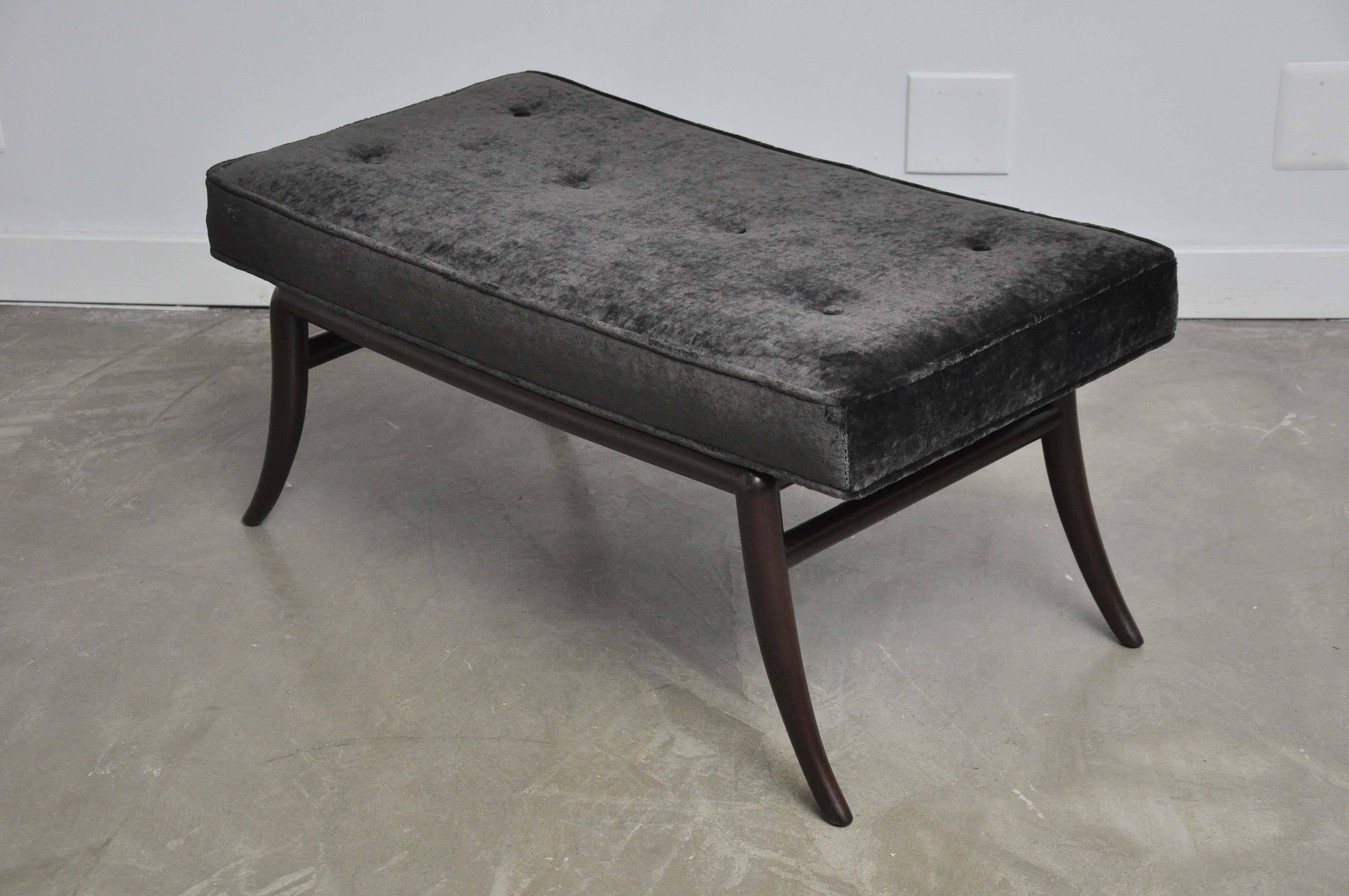 Sabre leg bench by T.H. Robsjohn-Gibbings. Fully restored. Newly upholstered over refinished espresso tone base.