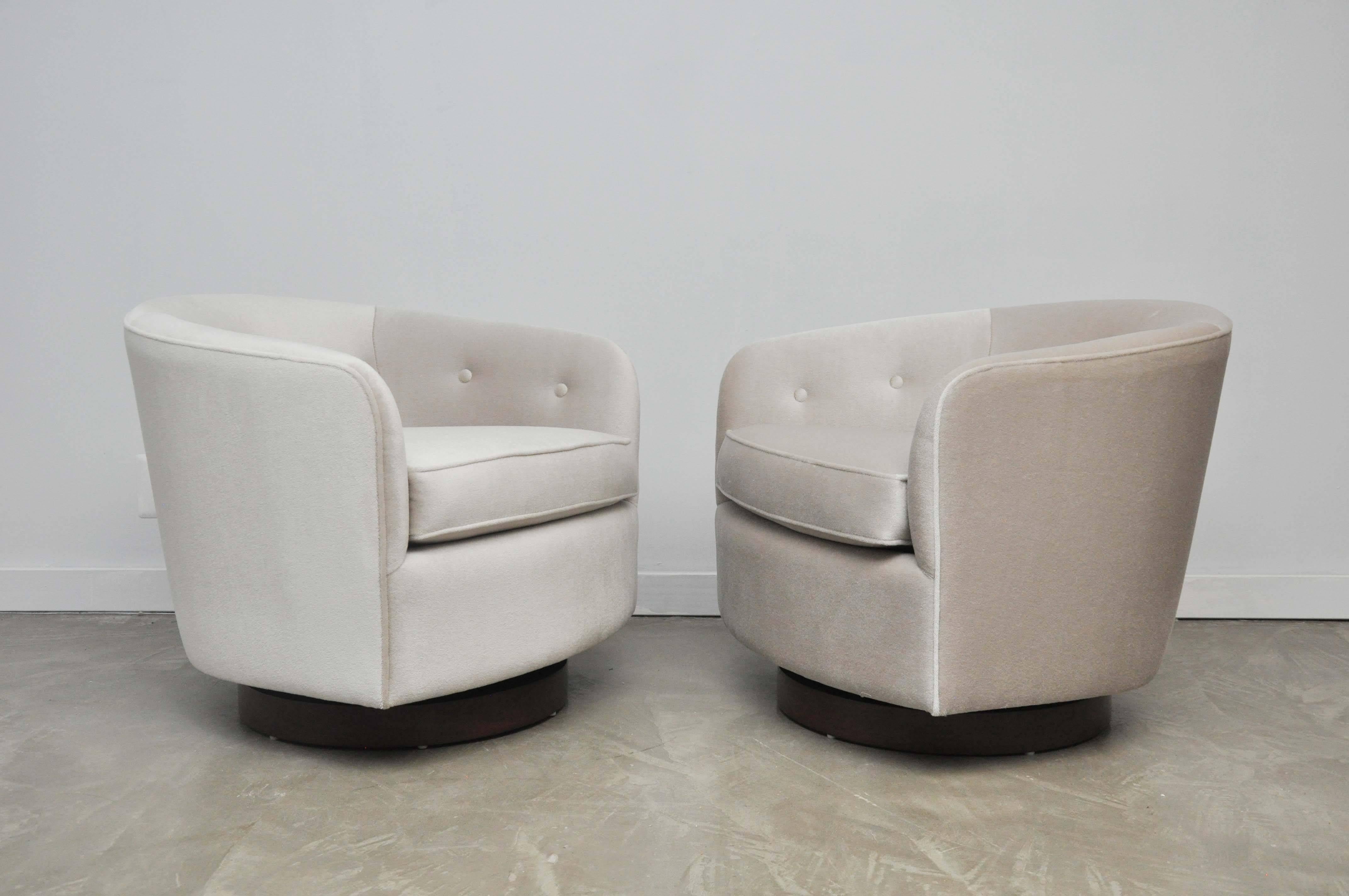 20th Century Milo Baughman Mohair Swivel Chairs on Walnut Bases