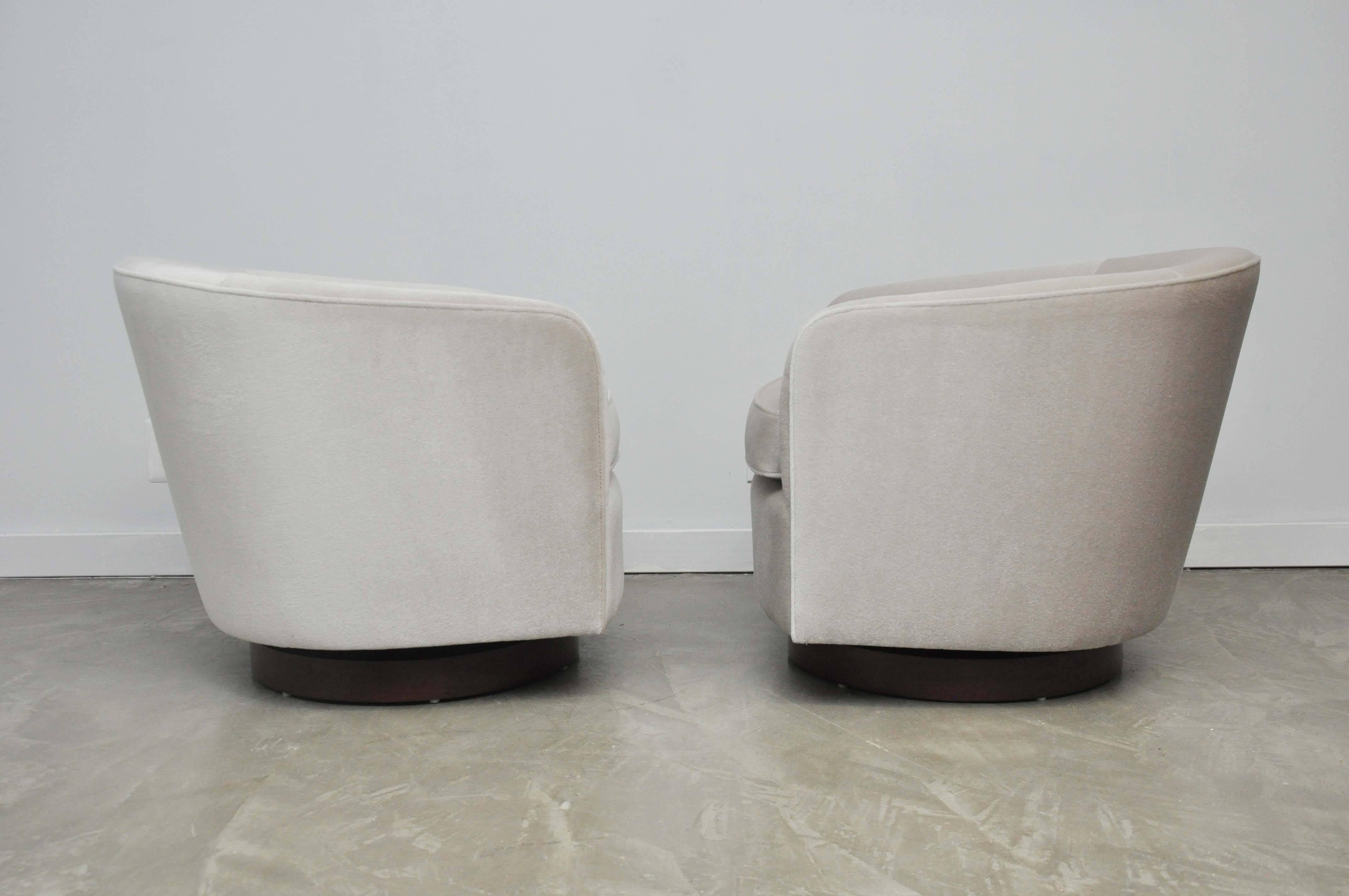 Milo Baughman Mohair Swivel Chairs on Walnut Bases 1