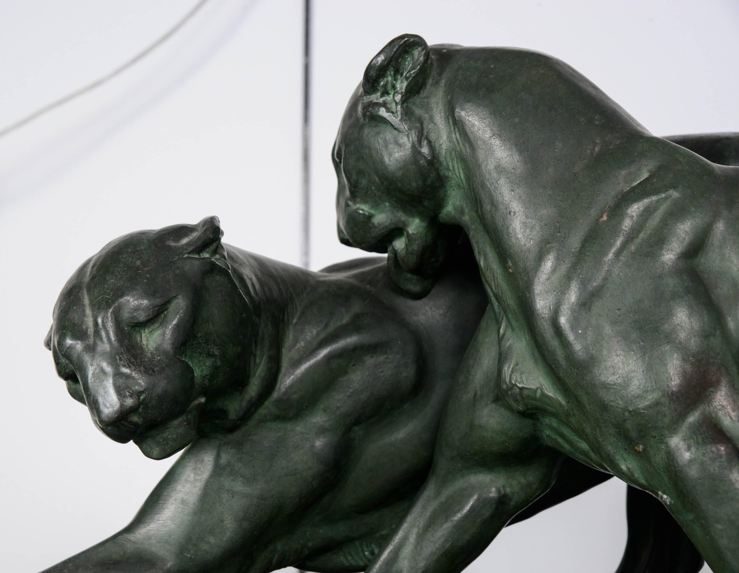 Patinated French Art Deco Panthers Sculpture by Plagnet, circa 1930