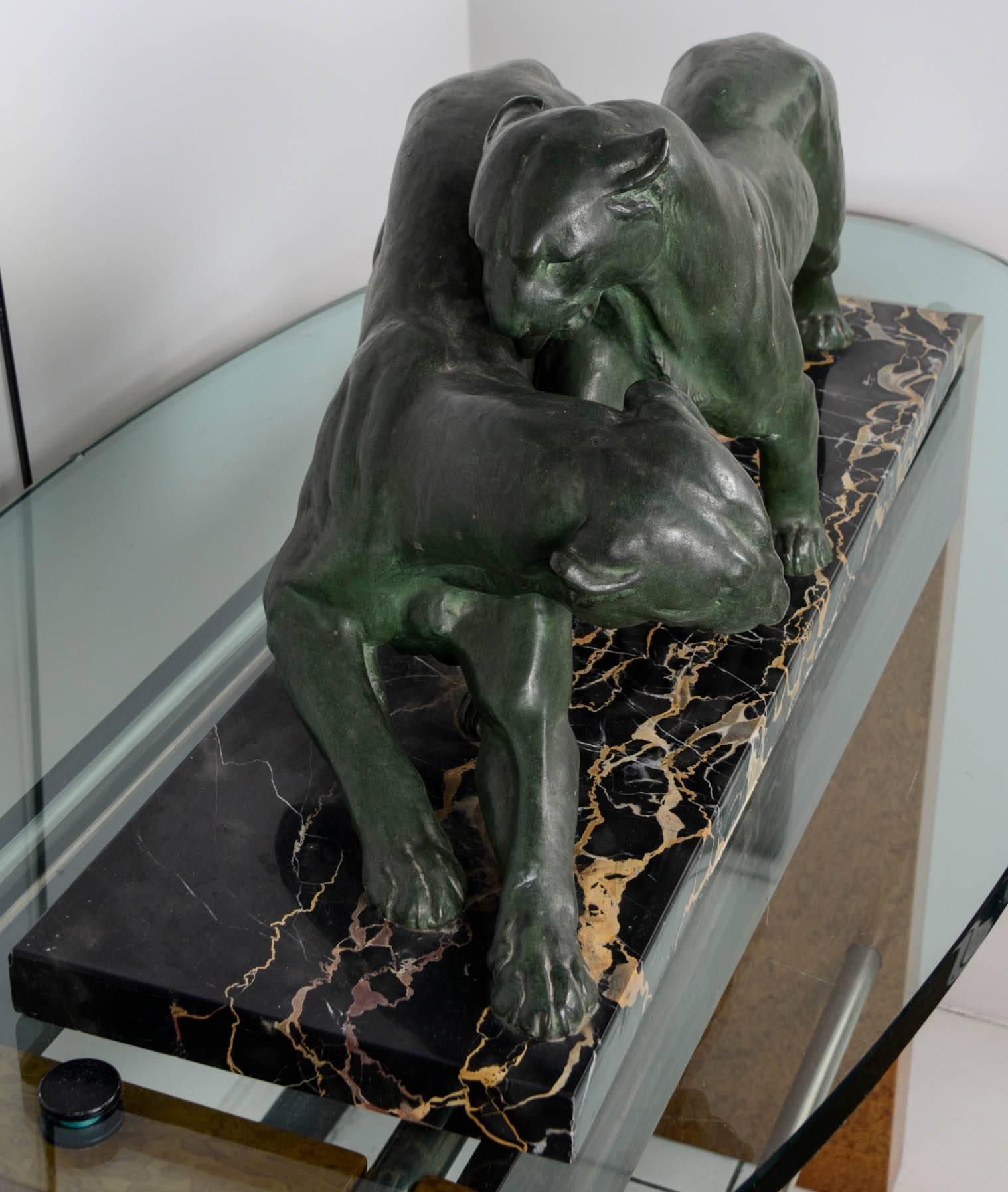 Metal French Art Deco Panthers Sculpture by Plagnet, circa 1930