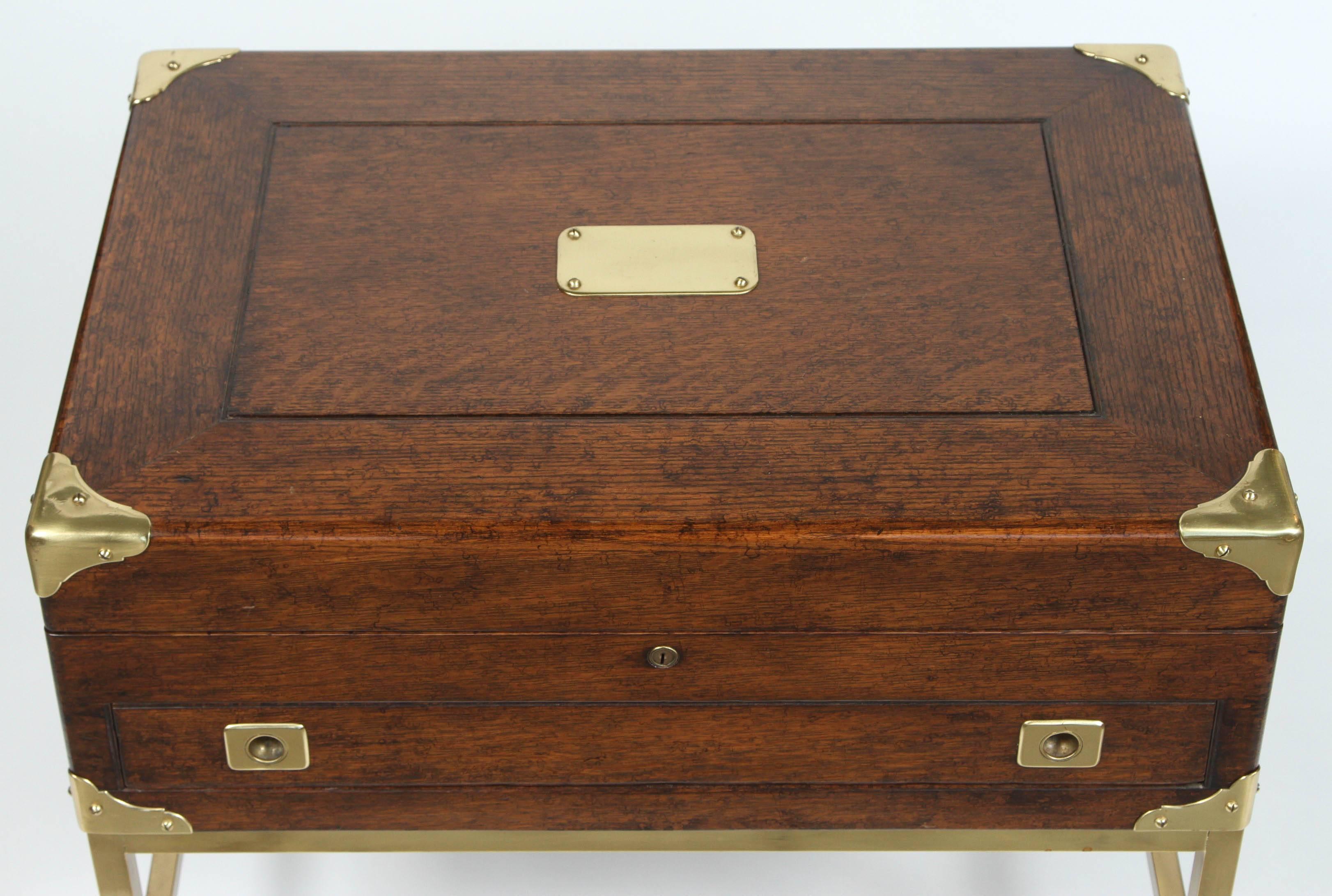 Campaign An English Brass Bound Oak Silver Chest with Custom Brass Stand