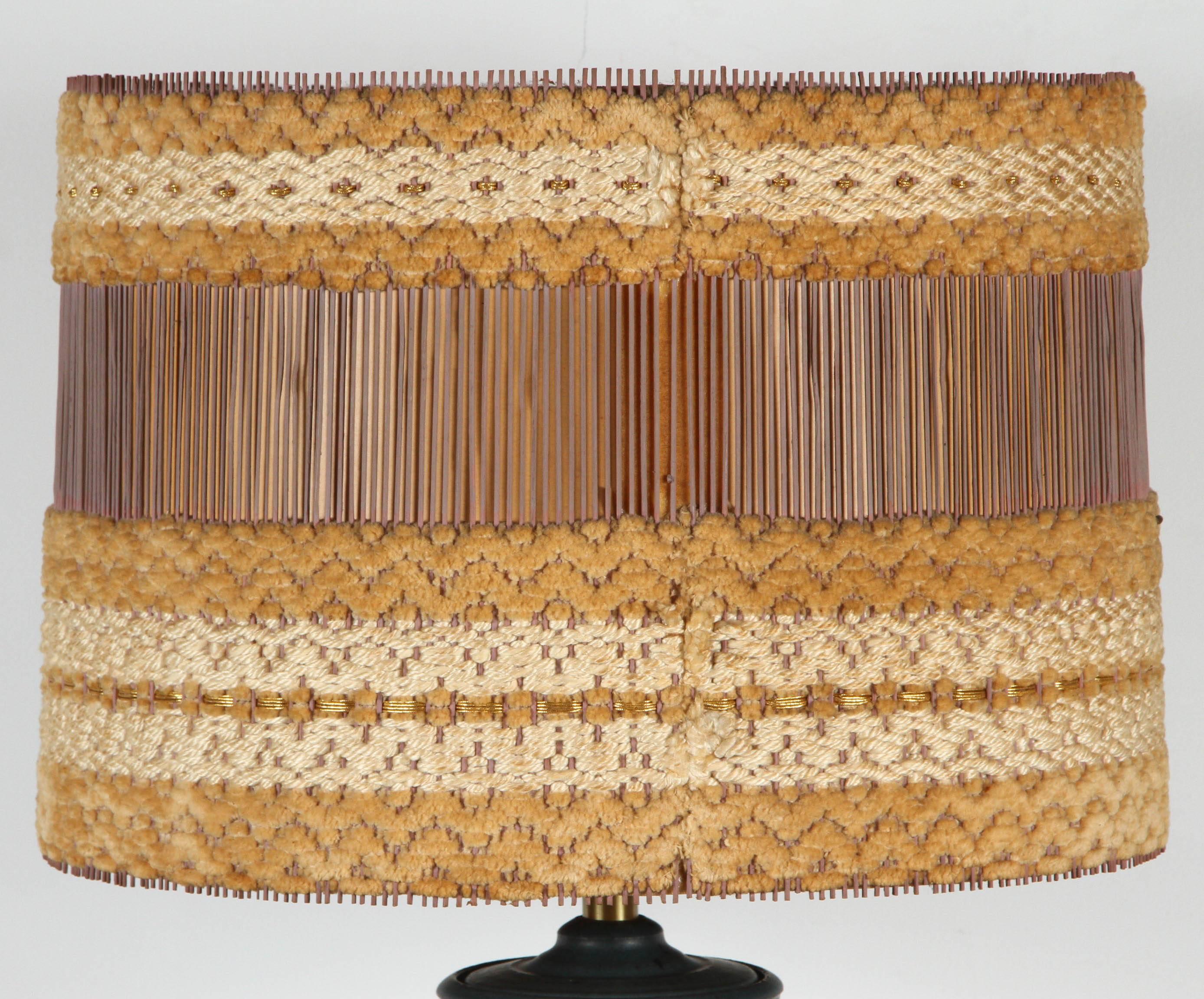 Hand thrown and glazed ceramic lamp base with swirl texture by Bob Kinzie for Affiliated Craftsmen, paired with a Maria Kipp wood and fiber lampshade. Both lamp and shade are in great condition. Lamp made in San Diego, California.

Shade