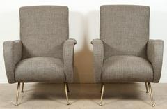 Pair of Italian Lounge Chairs in Hounds Tooth Belgian Linen