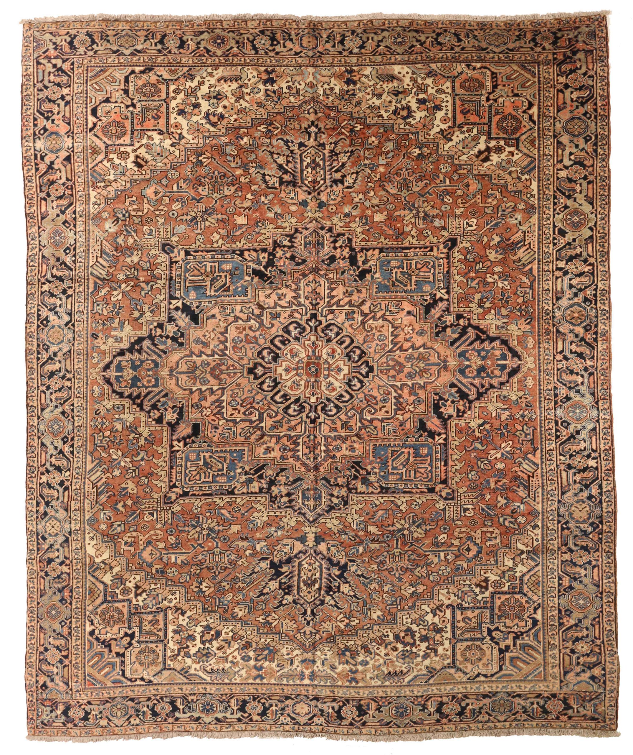 Persian Heriz Area Rugs - Wool Ivory Navy Blue Red Design - 75320