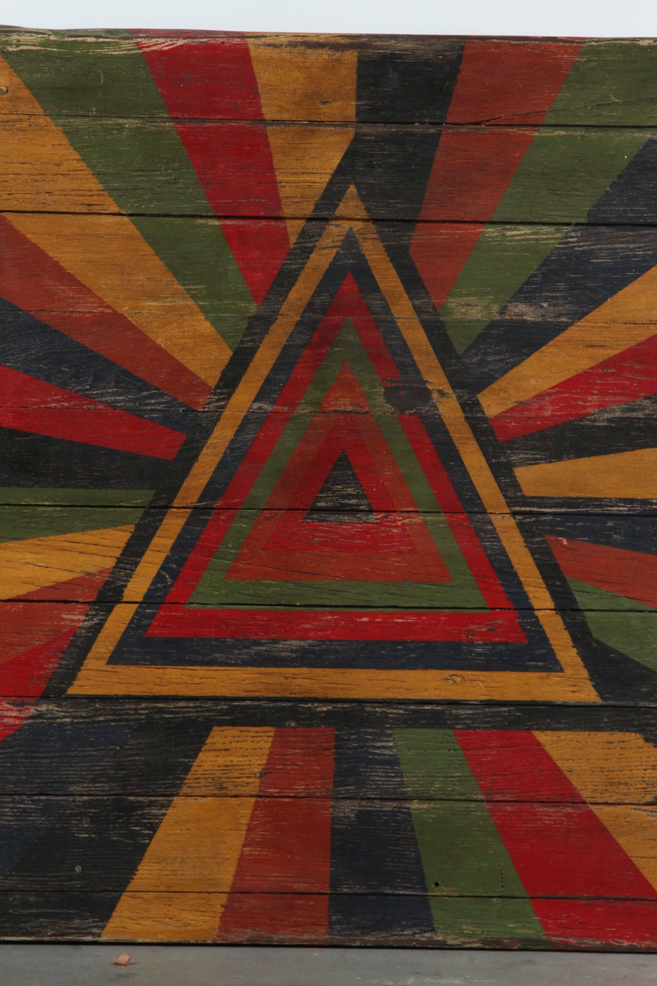 Hand-Painted Anonymous Abstract Pyramid Sunburst Painted Board For Sale