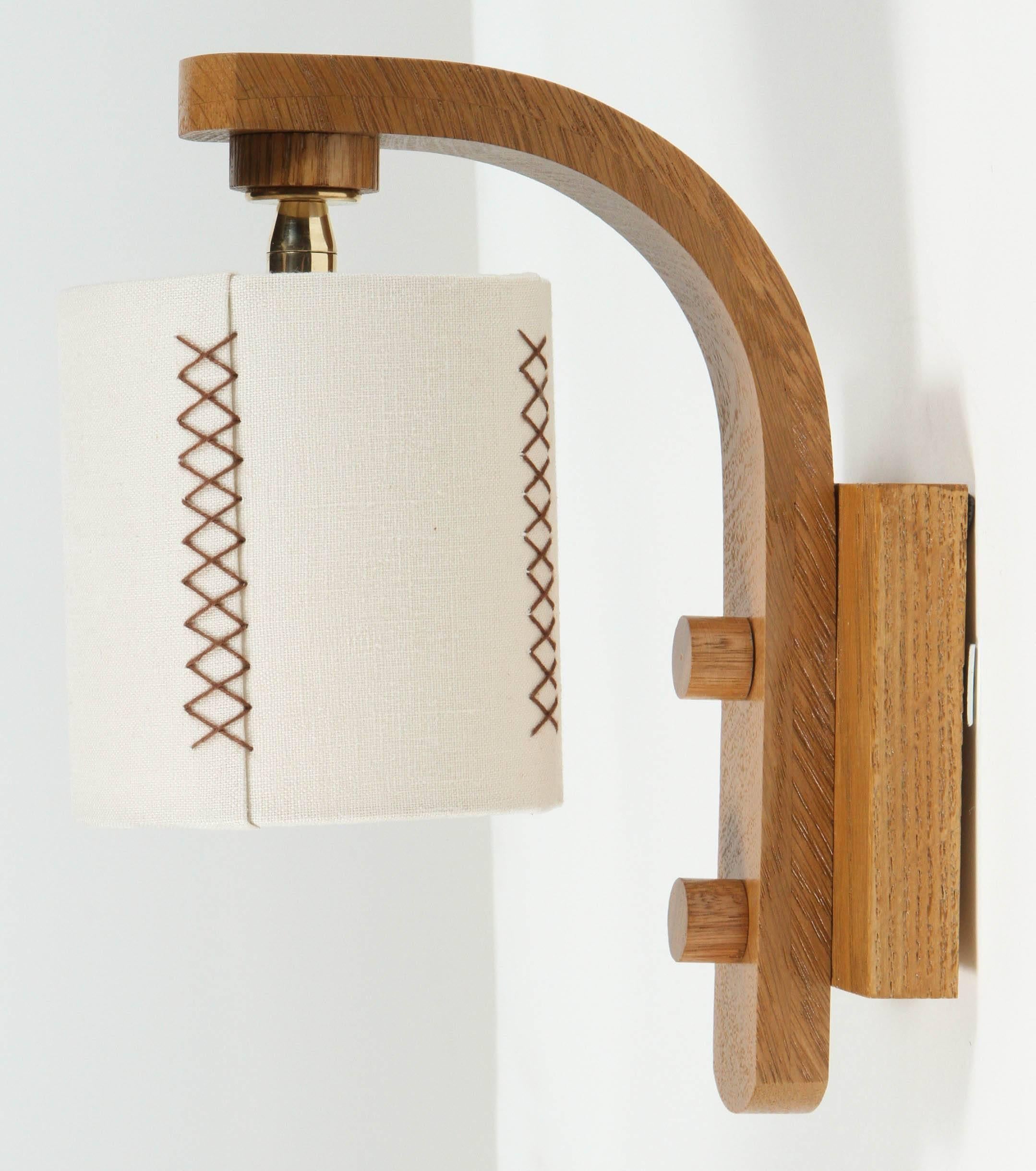 Organic Modern Paul Marra Oak Sconce with Hand-Stitched Linen Shade