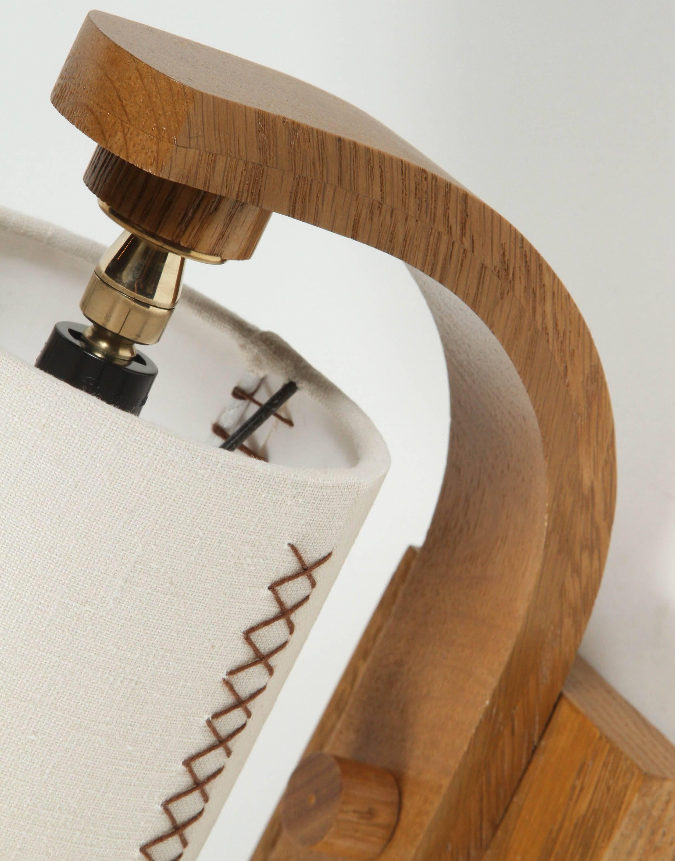 Stained Paul Marra Oak Sconce with Hand-Stitched Linen Shade