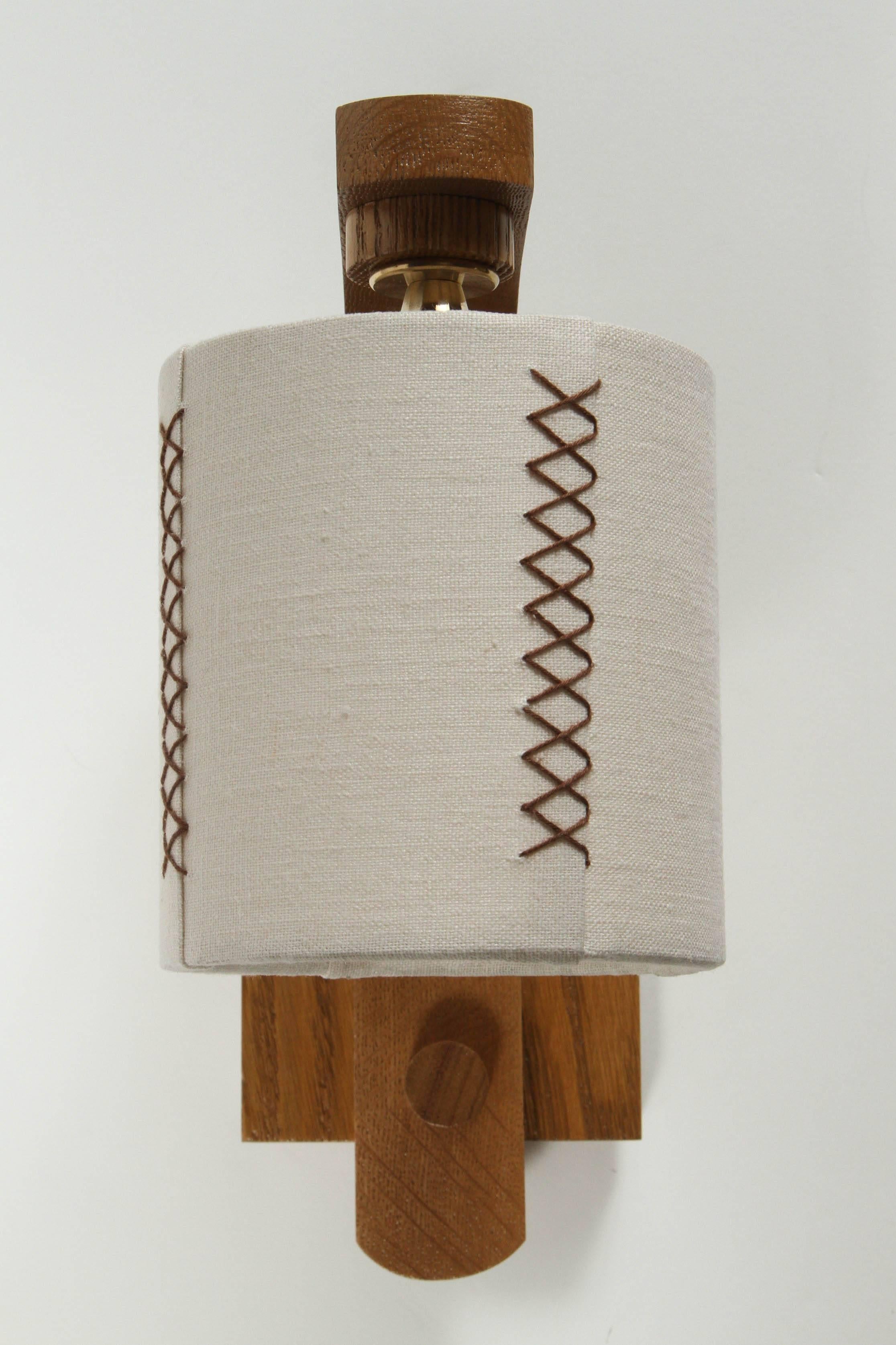 Paul Marra Oak Sconce with Hand-Stitched Linen Shade In Excellent Condition In Los Angeles, CA