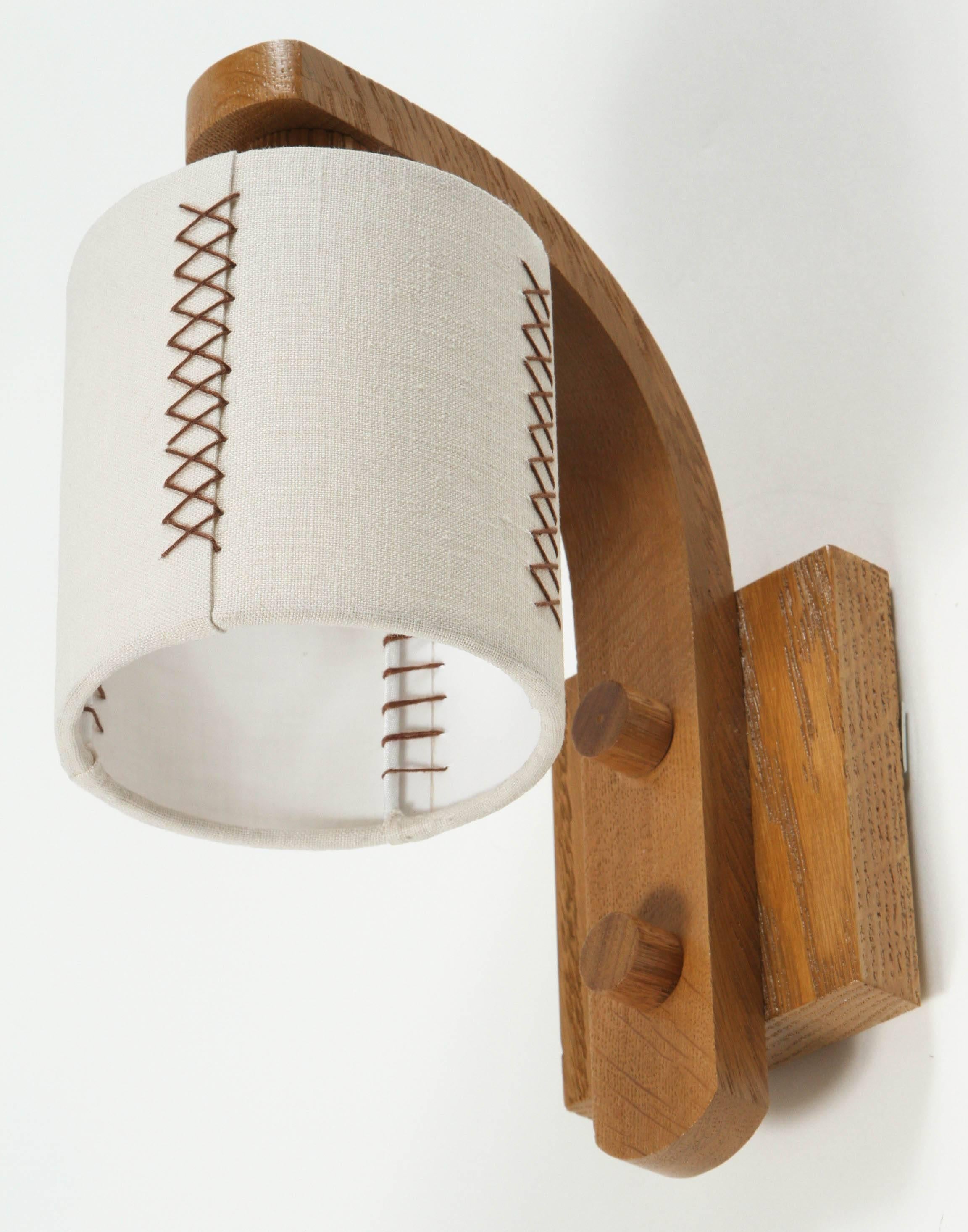 Contemporary Paul Marra Oak Sconce with Hand-Stitched Linen Shade