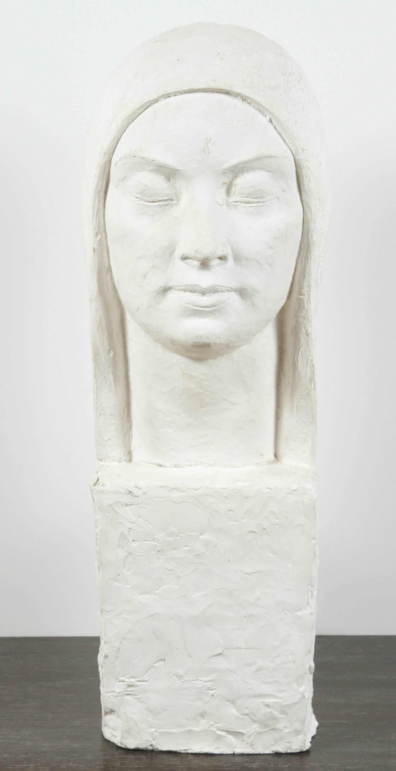 Plaster bust of a woman stylized in the WPA manner.