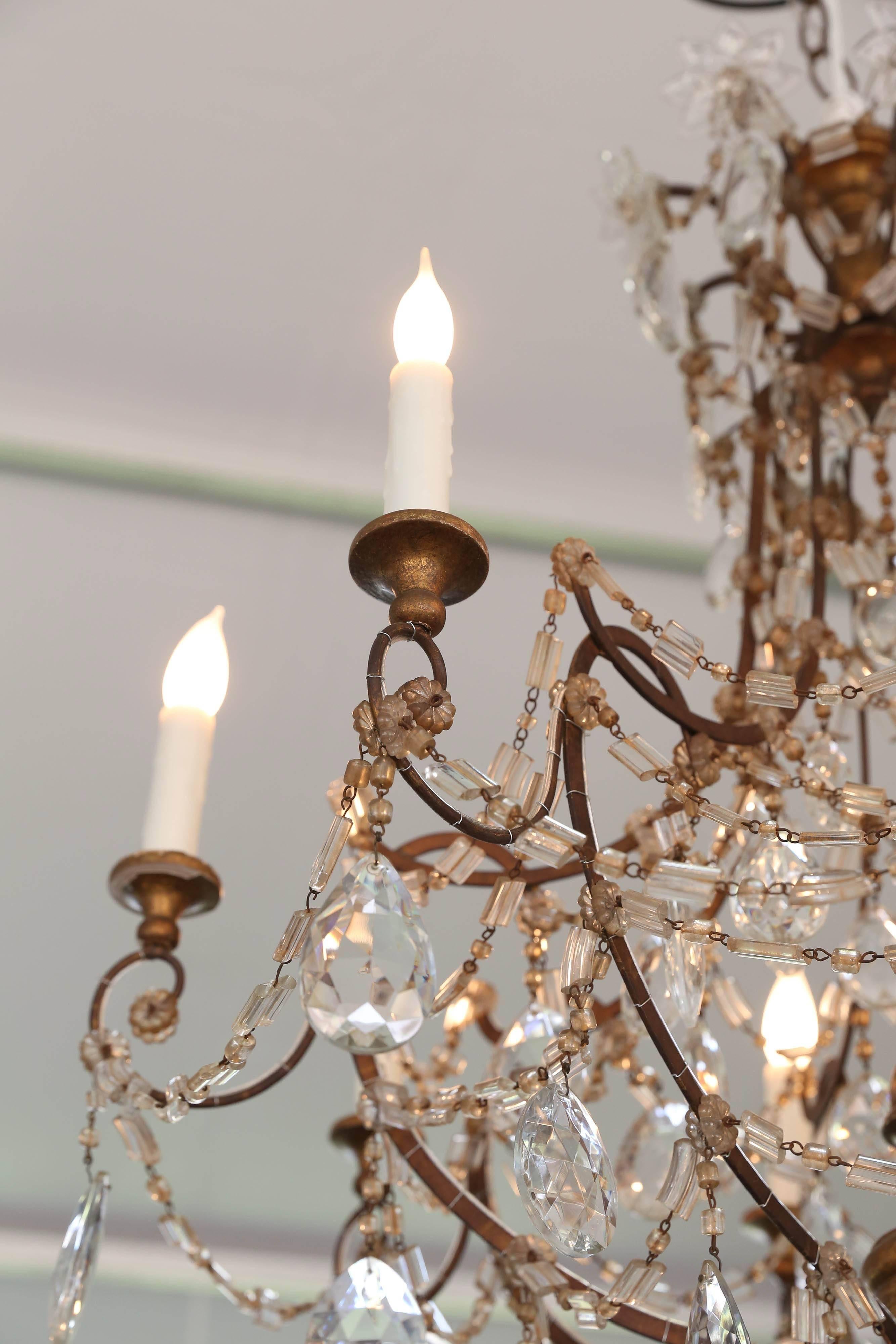19th Century Italian Genovese Chandelier with Crystal Gold Gilt Center In Good Condition In Houston, TX