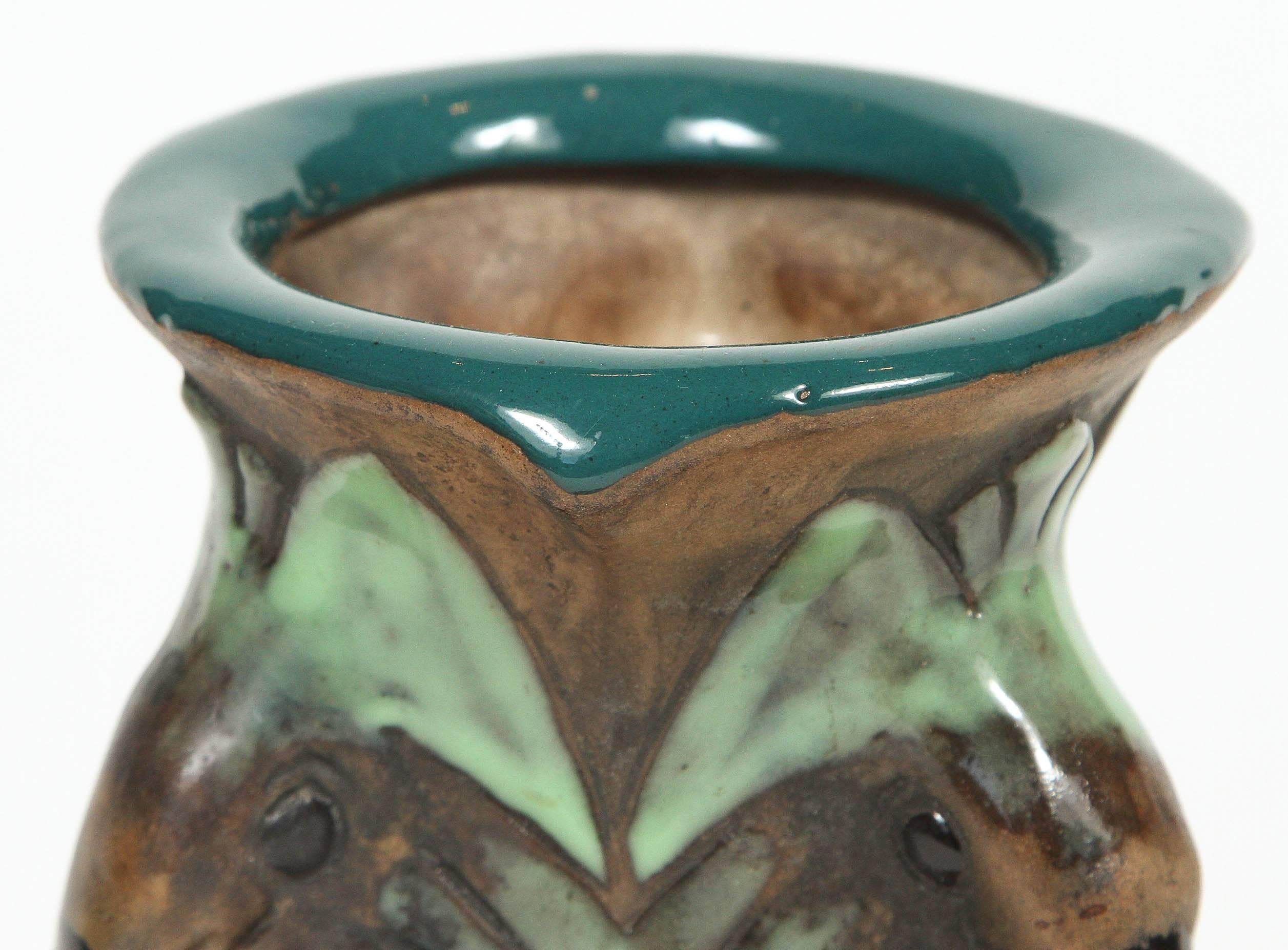 Antique Amphora pottery Art Nouveau vase with bird handles. Color glaze on matte finish, circa 1890-1910.