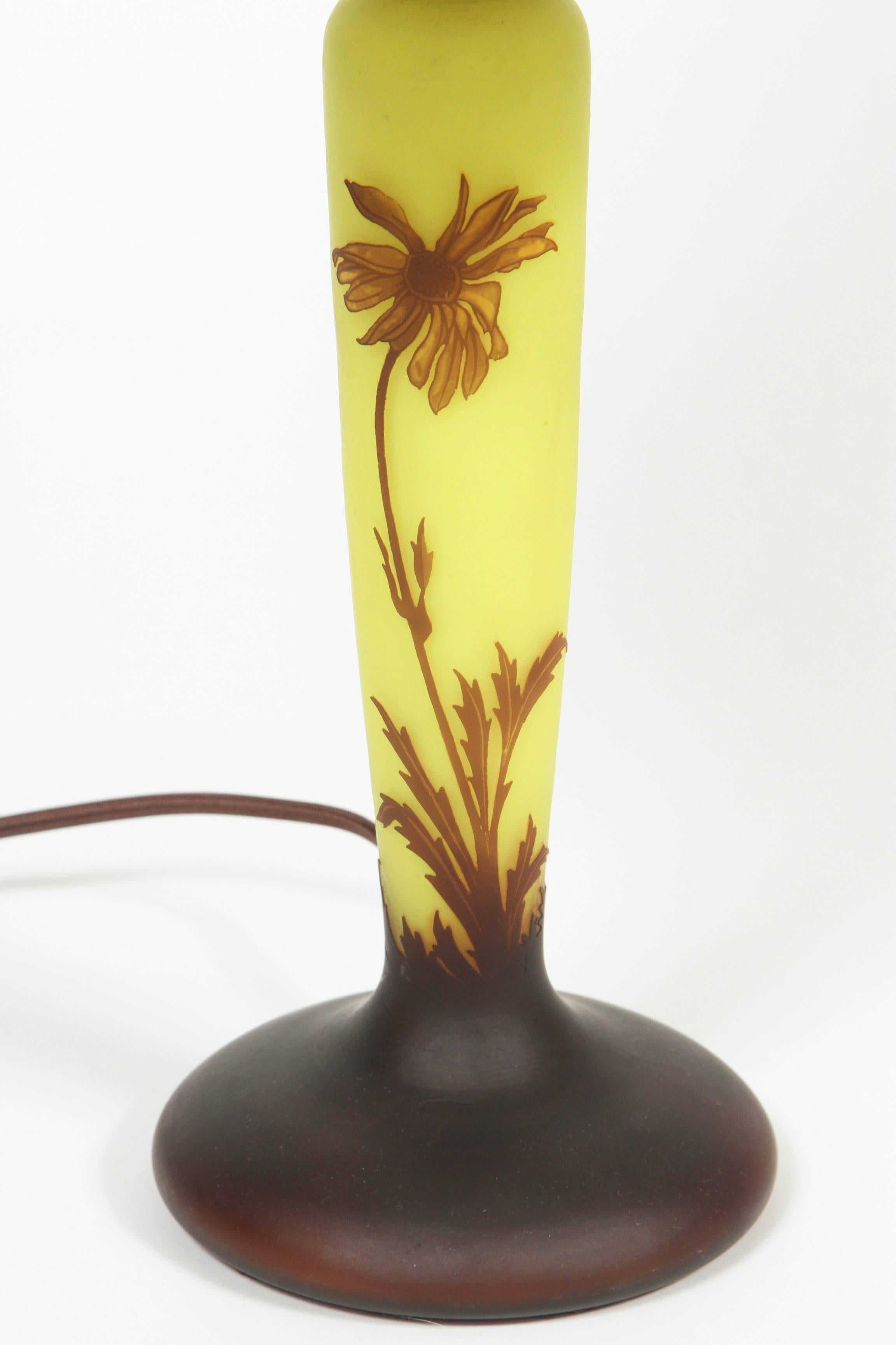 Newly rewired antique yellow and brown cameo glass lamp with custom-made shade. 

Diameter of shade: Top 8.25