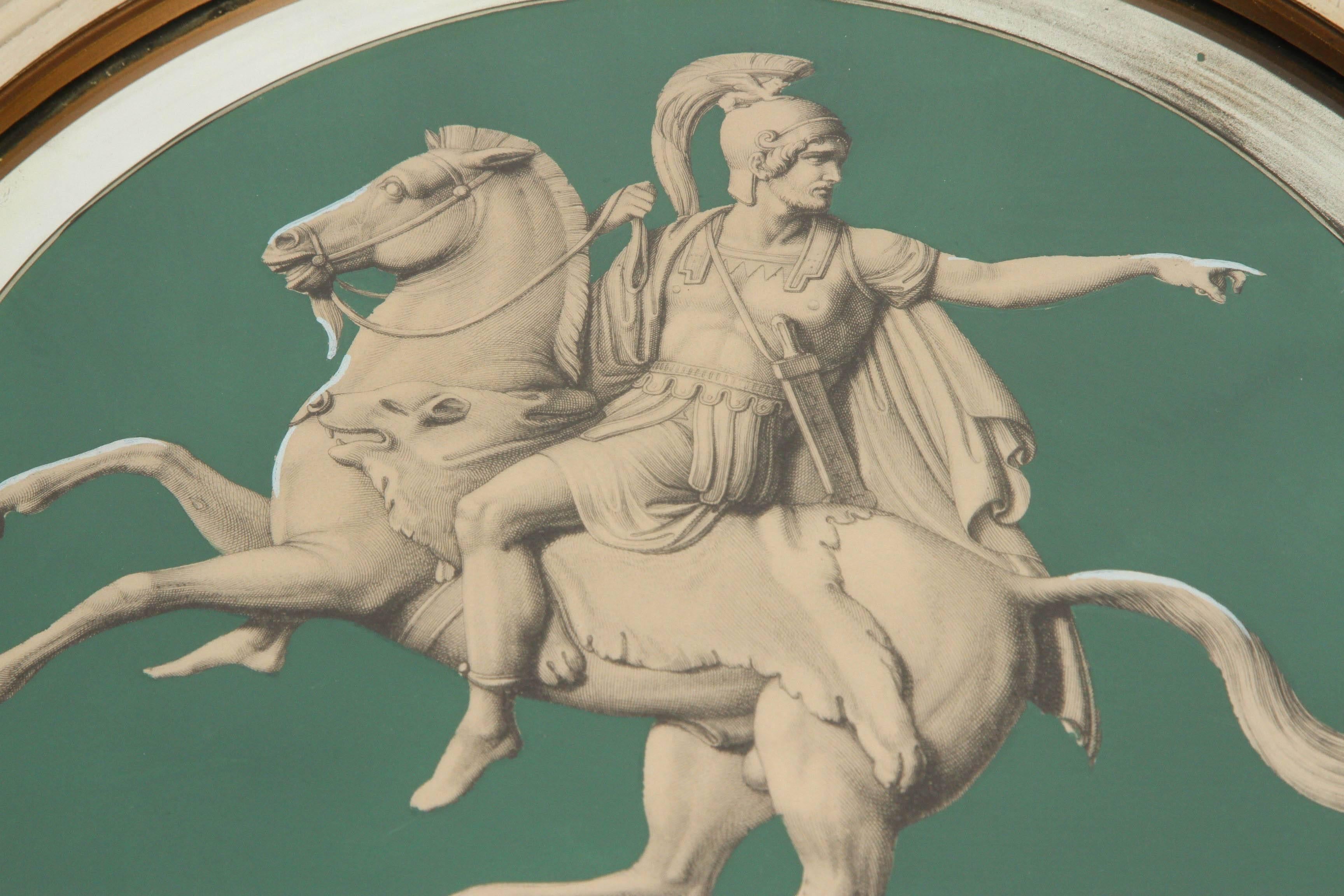 Mid-20th Century Pair of Vintage Greek Soldiers on Horses in Round Frames