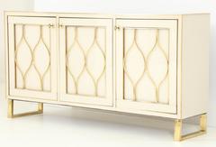 Mid-Century Italian Ivory Murano Glass Credenza with Brass Inlays