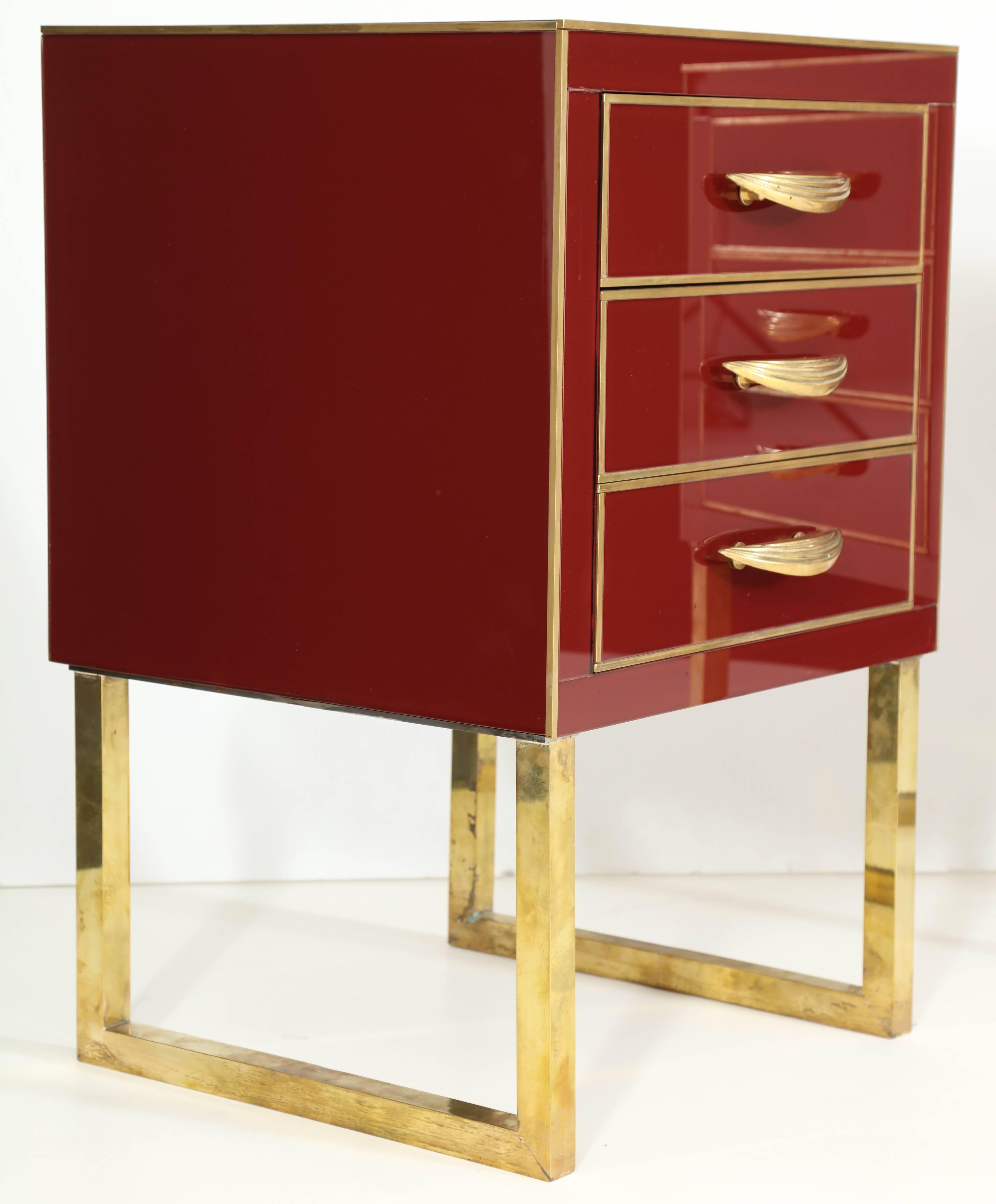 Hand-Crafted Rare Pair of Red Opaline Glass Nightstands with Brass Inlay, Italy
