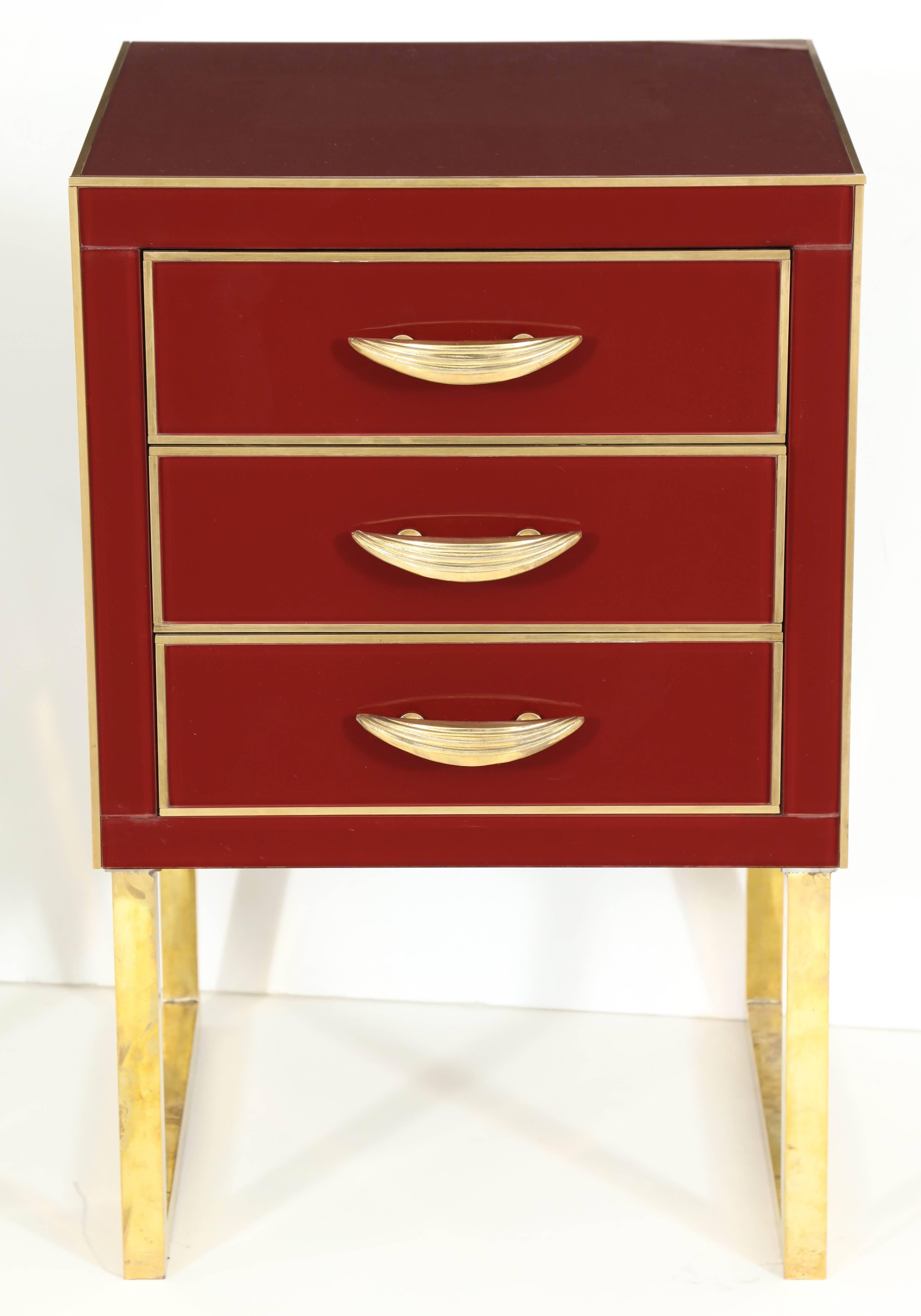 Rare Pair of Red Opaline Glass Nightstands with Brass Inlay, Italy In Excellent Condition In New York, NY