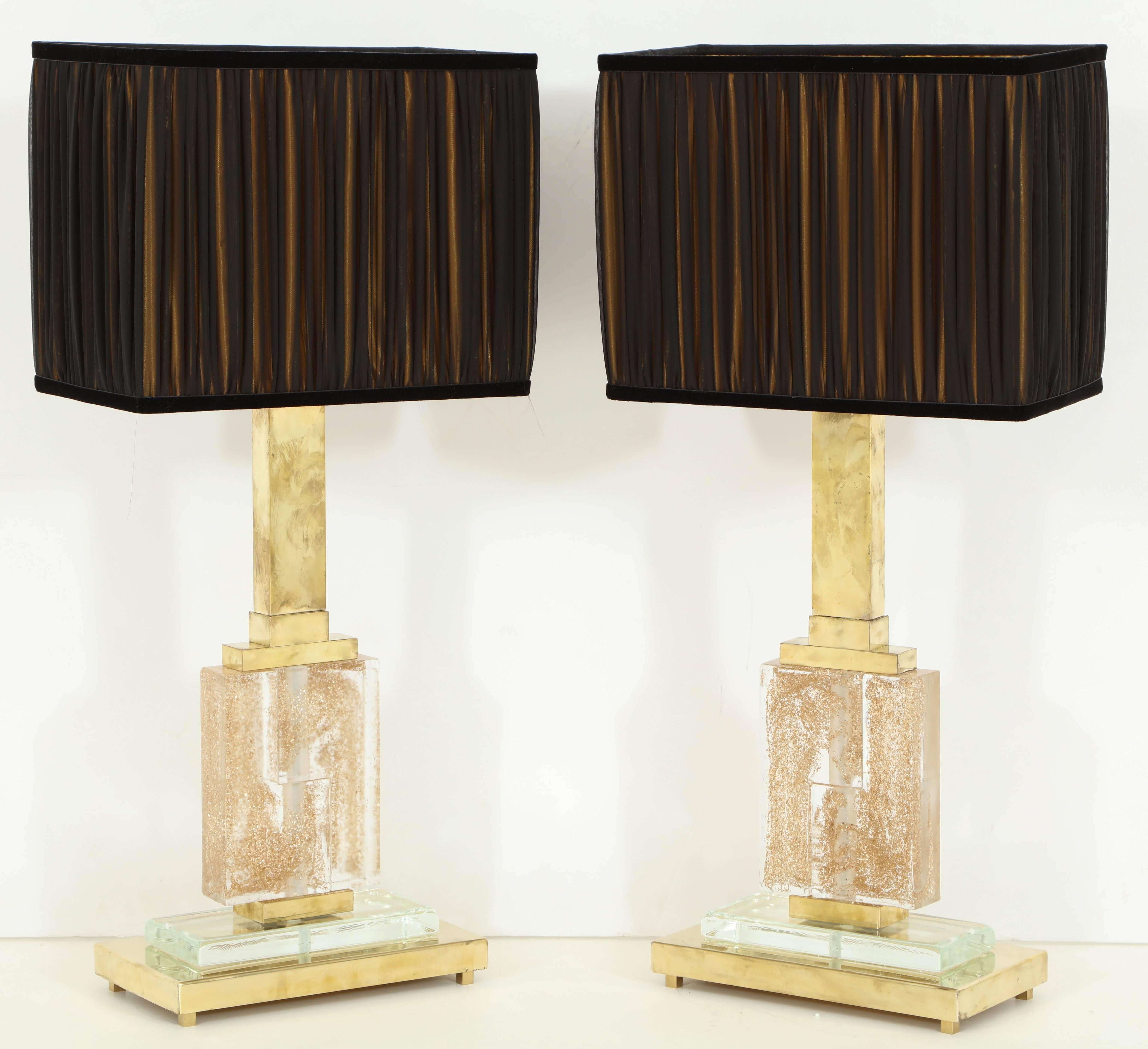 Large Pair of Italian Brass and Murano Glass Lamps with Infused Gold Specks 1