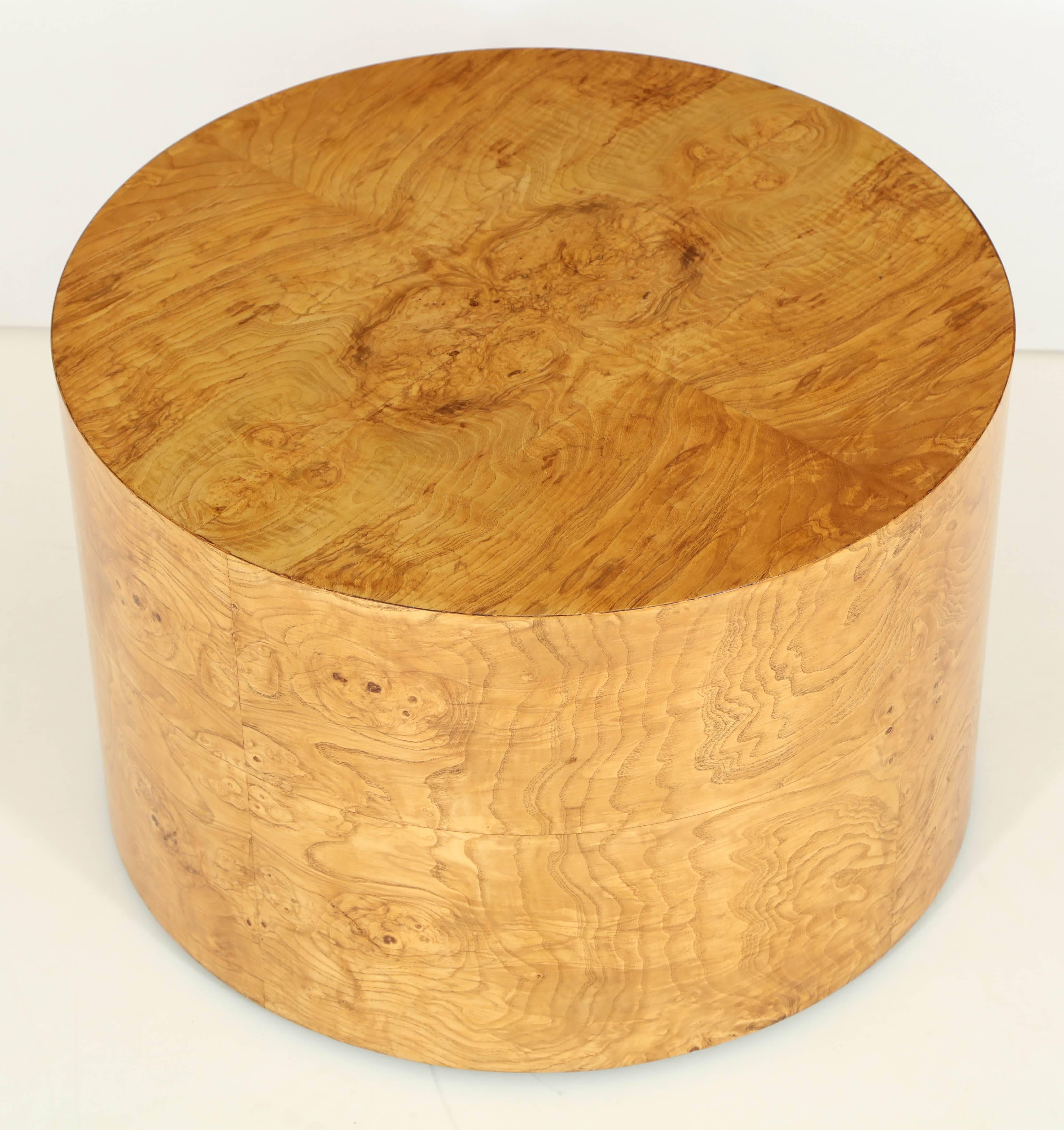 1970s Milo Baughman burl wood drum shaped cocktail table.