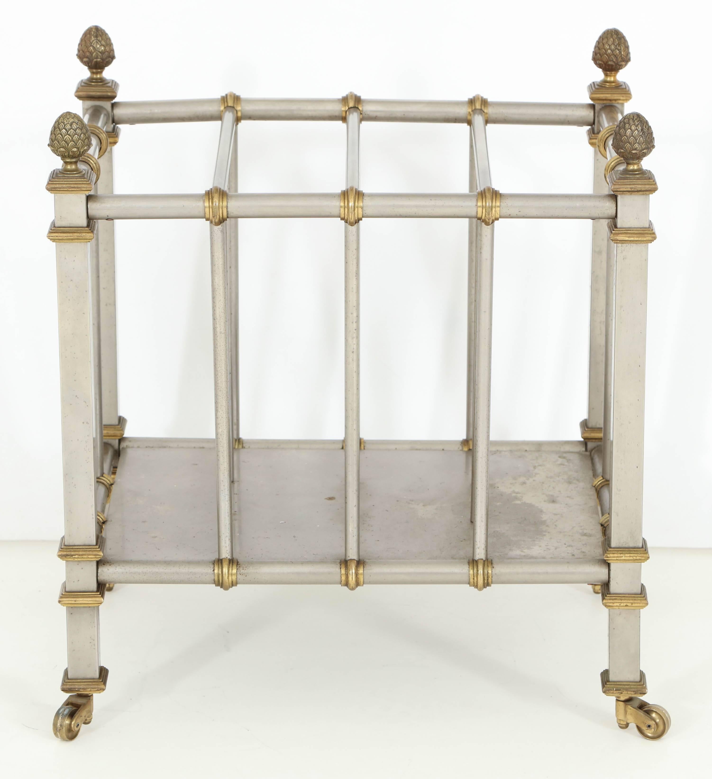 Neoclassical 1960s steel and brass magazine trolley after Maison Jansen.