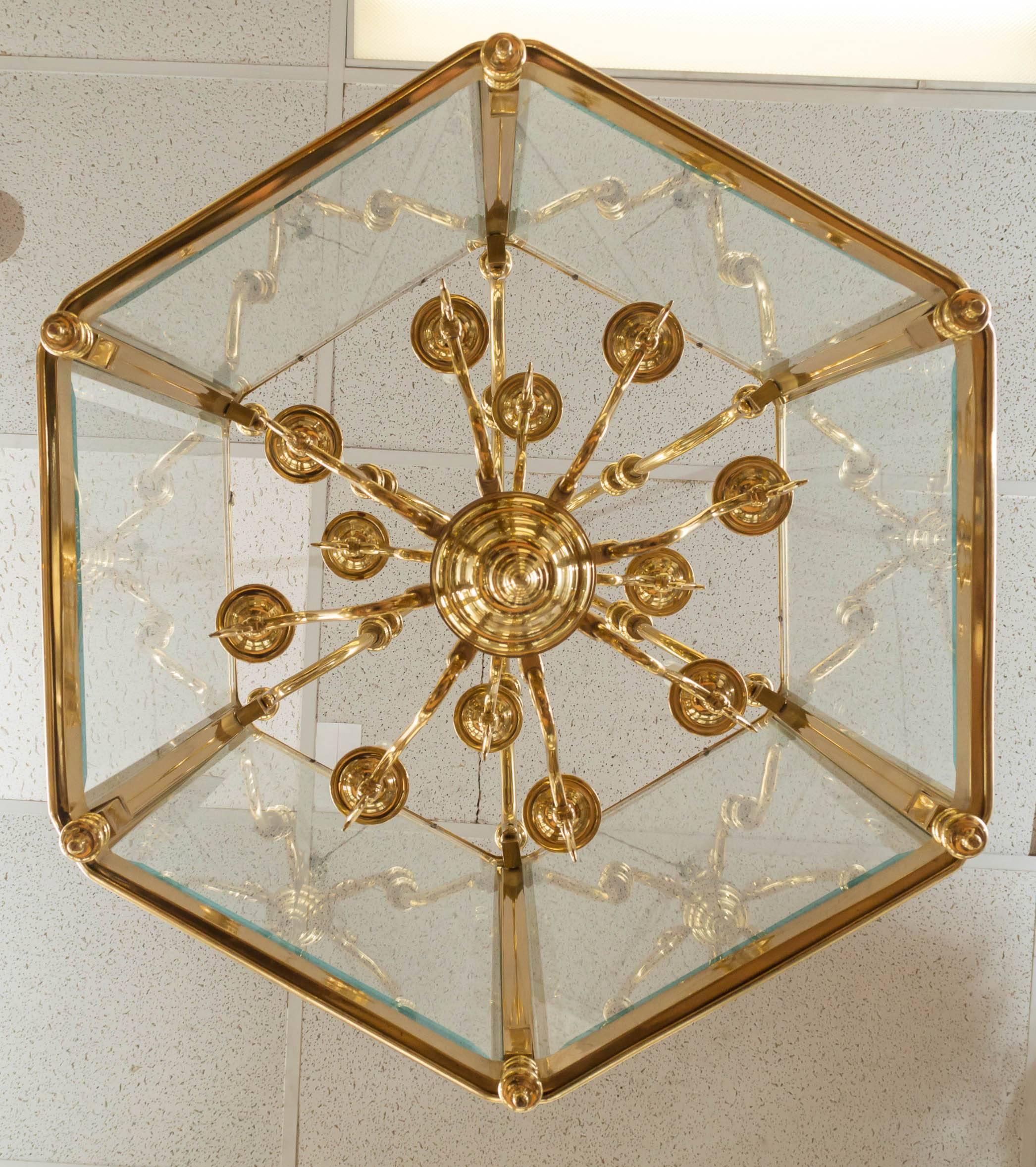 Monumental Brass and Glass Twelve-Light Foyer Pendant In Excellent Condition In San Francisco, CA