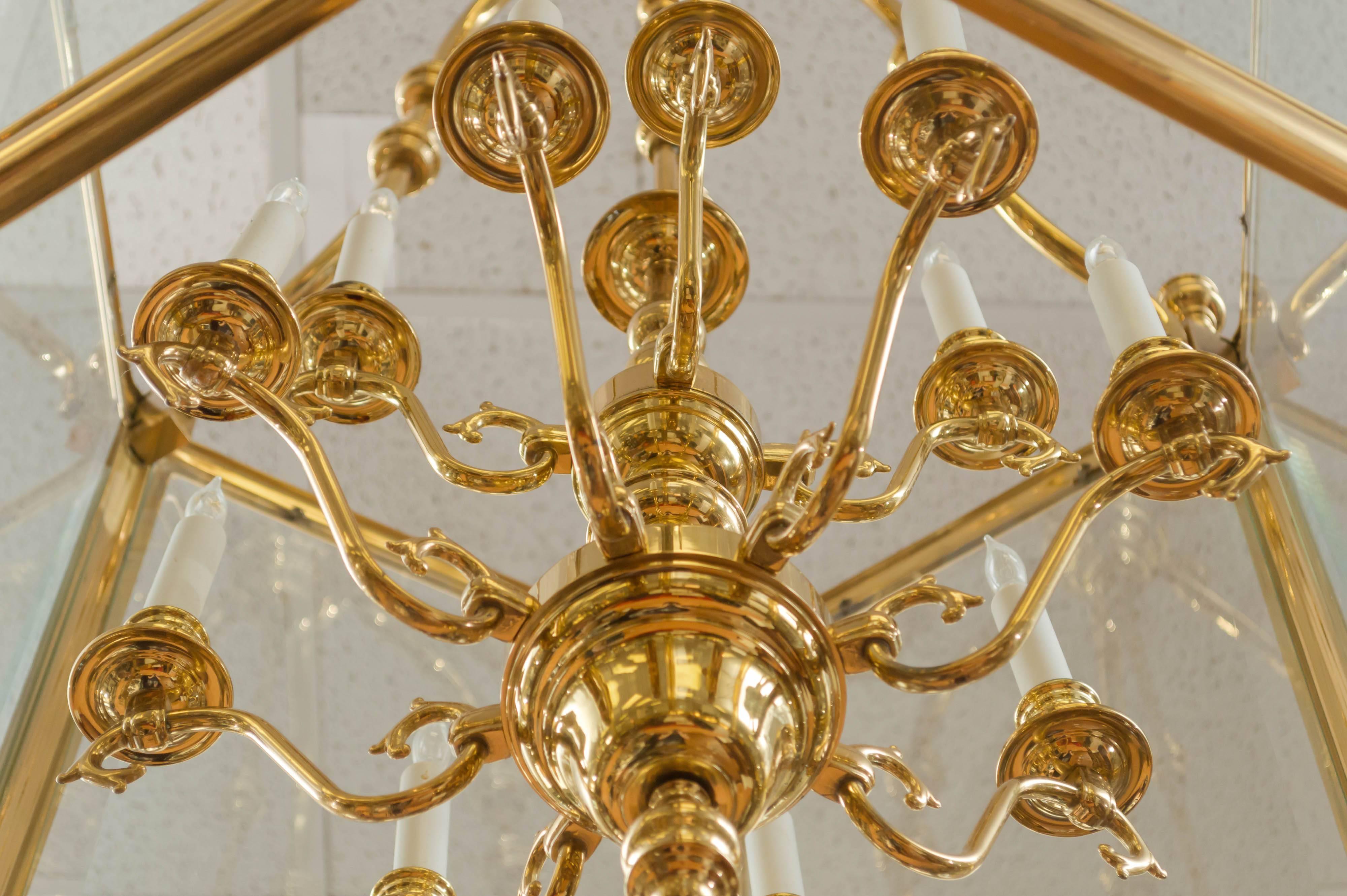Monumental Brass and Glass Twelve-Light Foyer Pendant 1