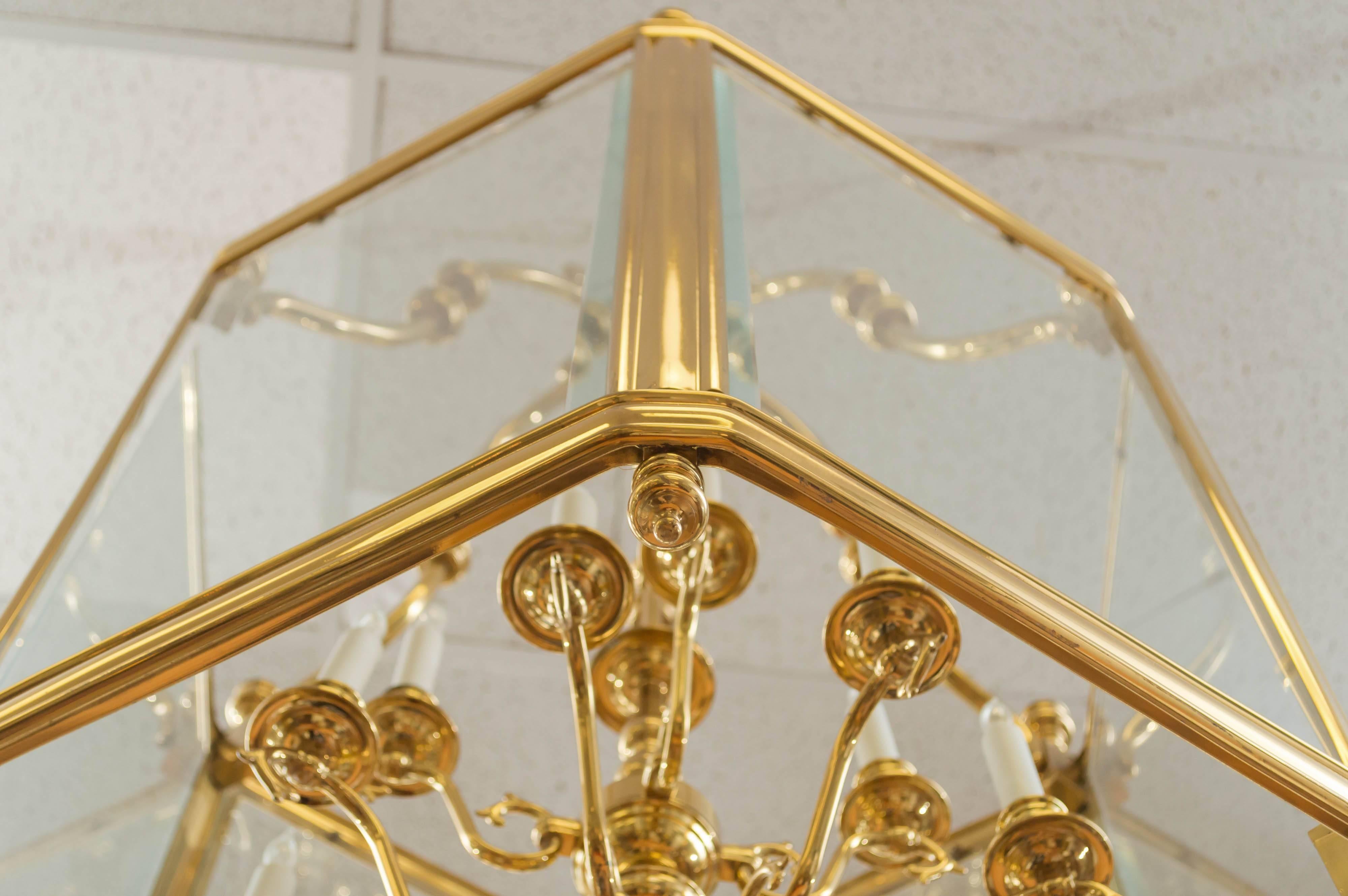 Monumental Brass and Glass Twelve-Light Foyer Pendant 2