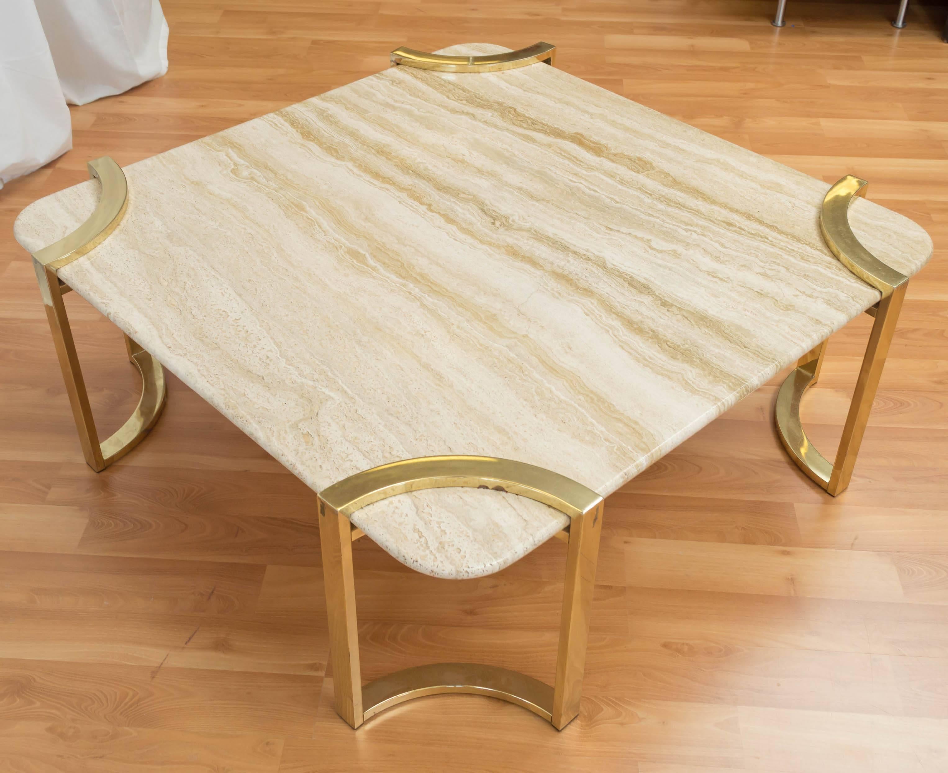 Italian Travertine and Brass Coffee Table 1