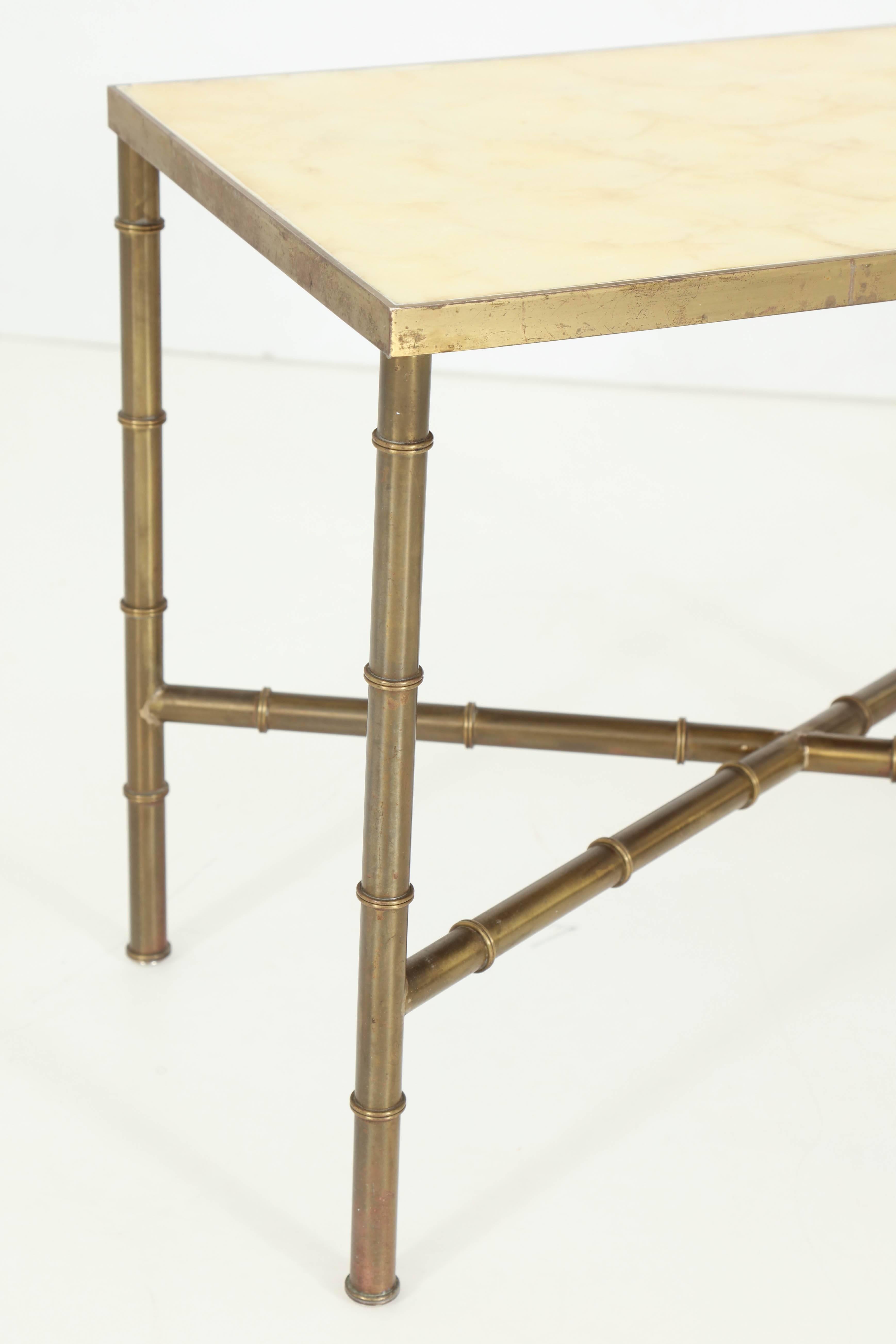French Pair of Brass Faux Bamboo Tables with Capiz Shell Tops For Sale