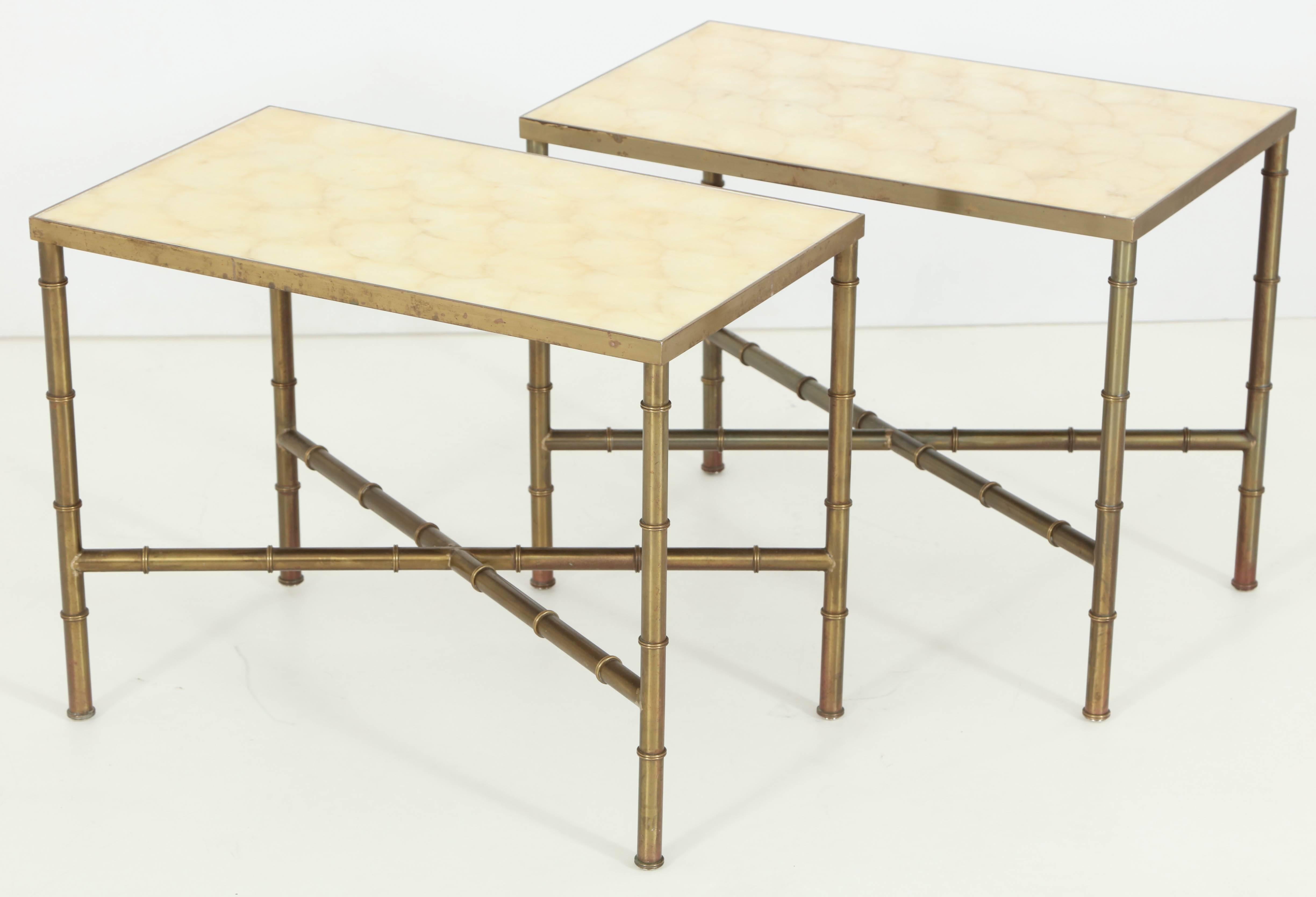 Pair of Brass Faux Bamboo Tables with Capiz Shell Tops For Sale 4