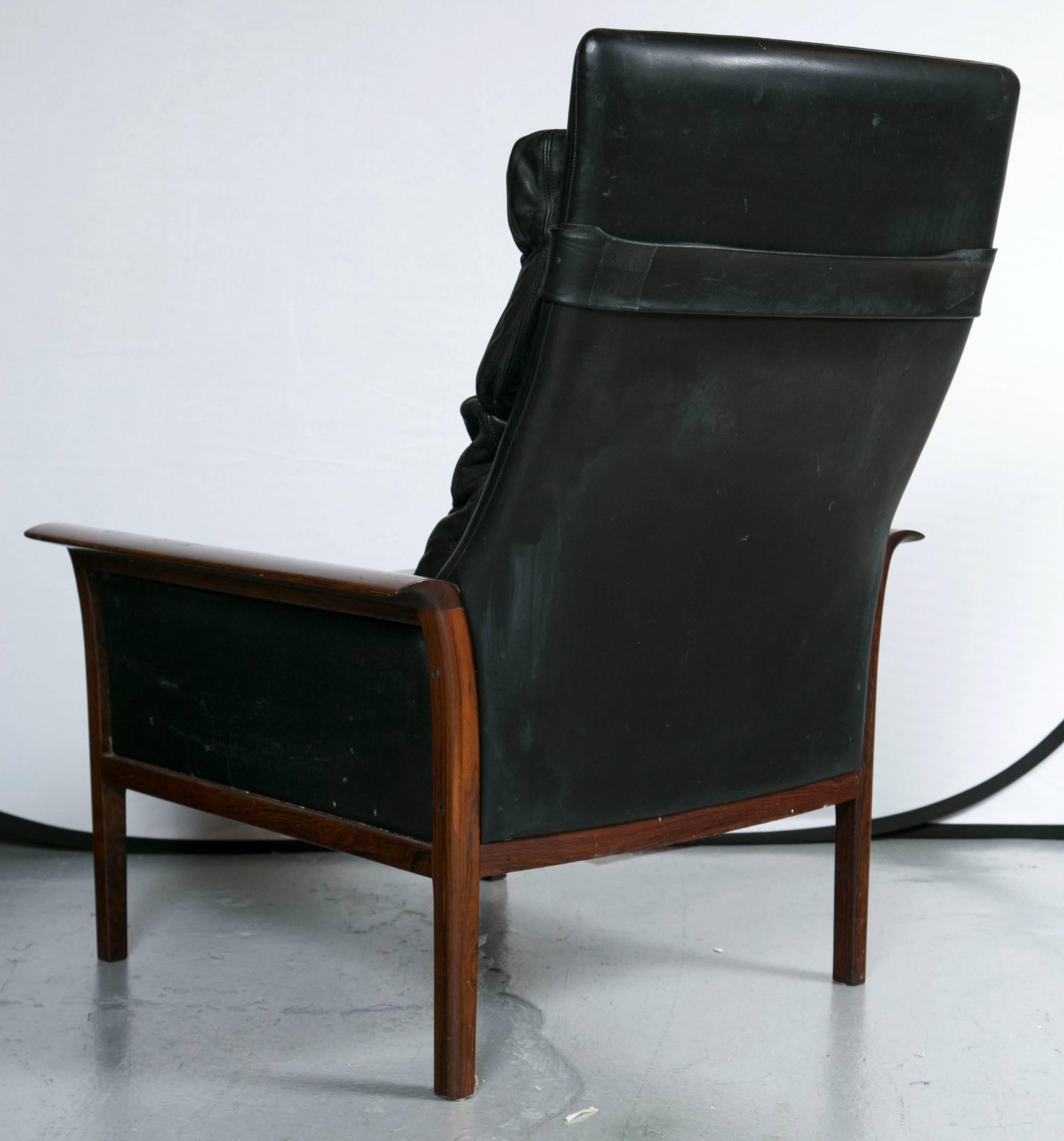 Mid-Century Modern Otto Hans Olsen Rosewood Danish Lounge Chair & Ottoman Black Leather