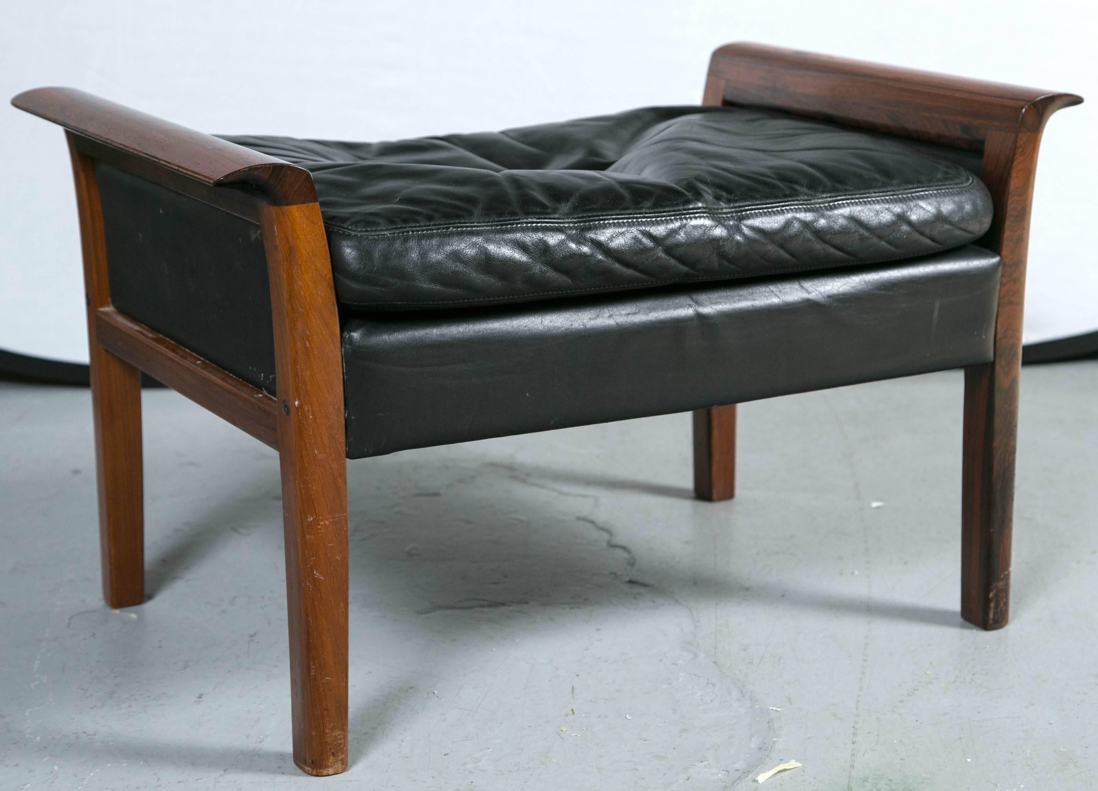 Wood Otto Hans Olsen Rosewood Danish Lounge Chair & Ottoman Black Leather