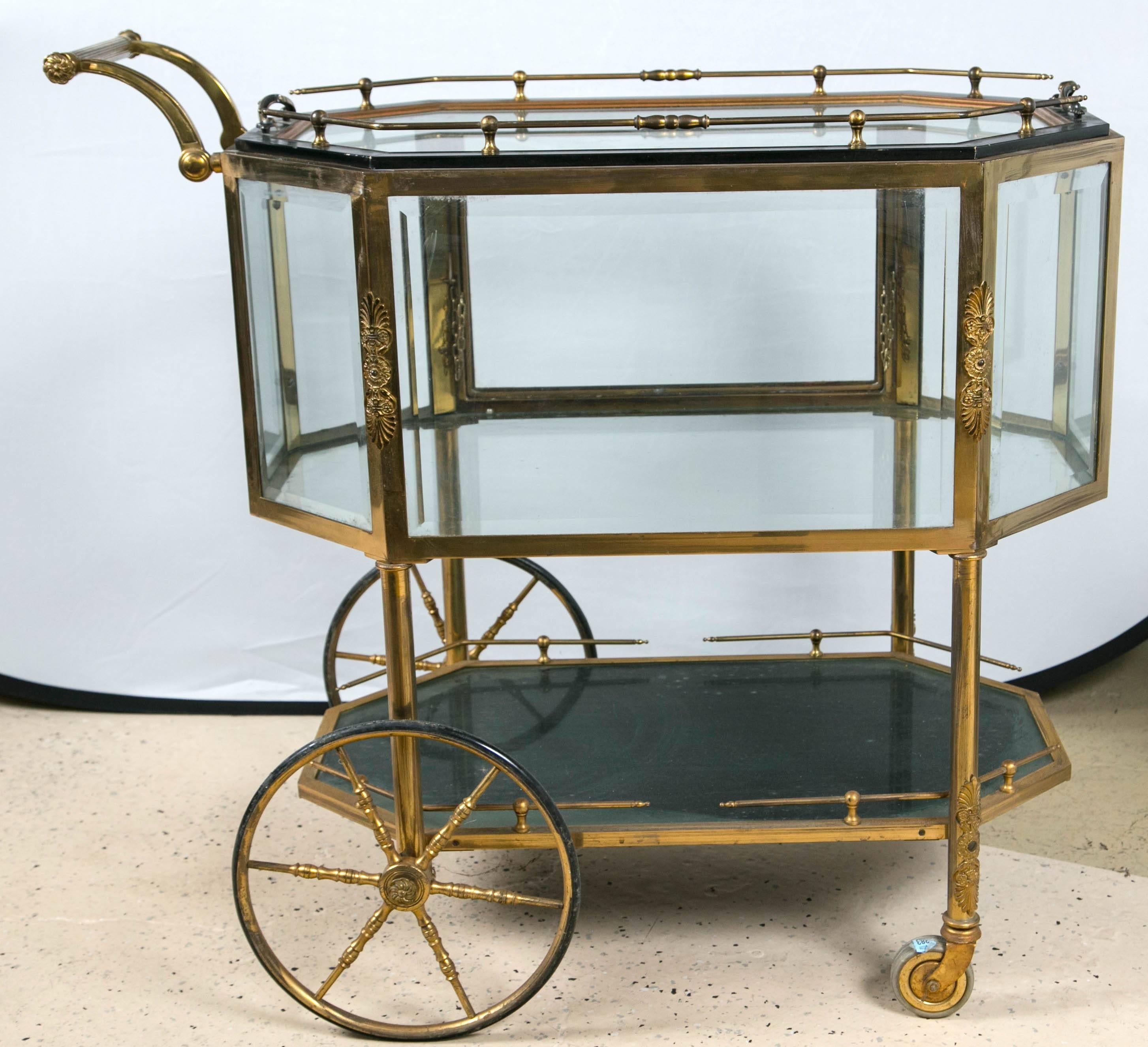 Hollywood Regency Pair of Bronze Tray Top Showcase Serving Carts