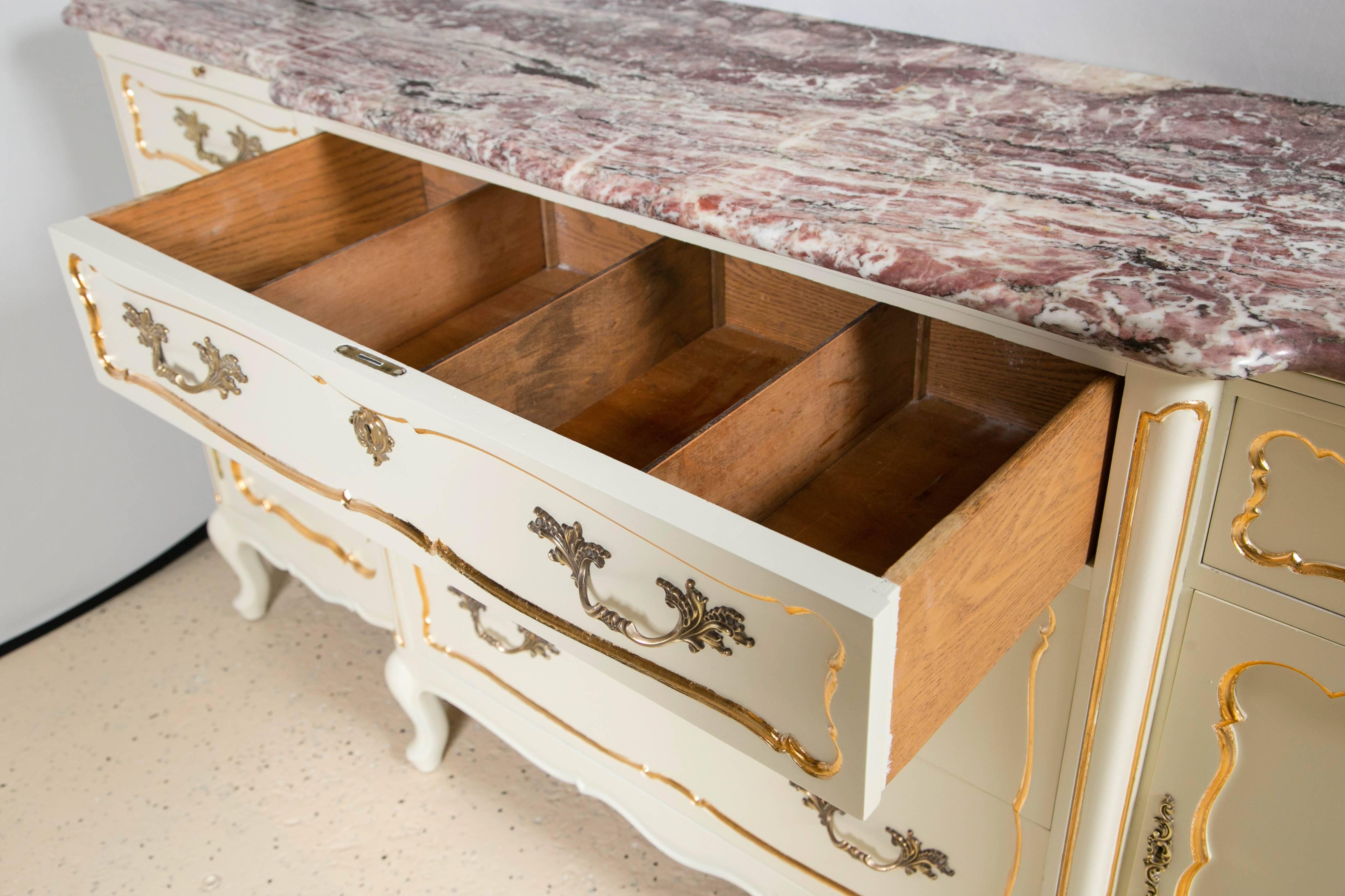 Louis XV Custom Quality White Marble-Top Paint Decorated and Giltwood Sideboard Dresser For Sale