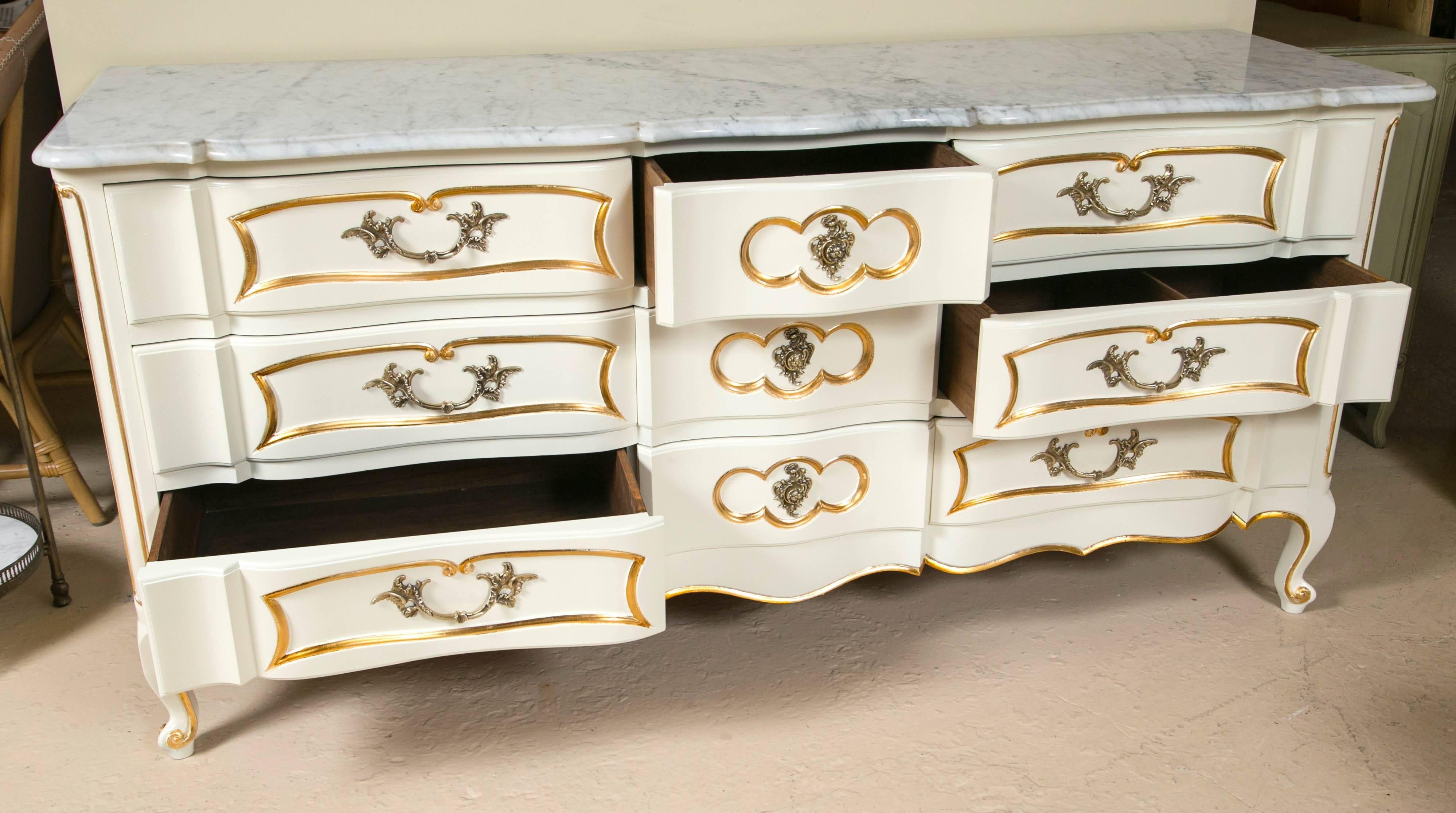 Hollywood Regency Louis XV Style Marble Top Painted and Gilt Decorated Dresser Commode Nine Drawer